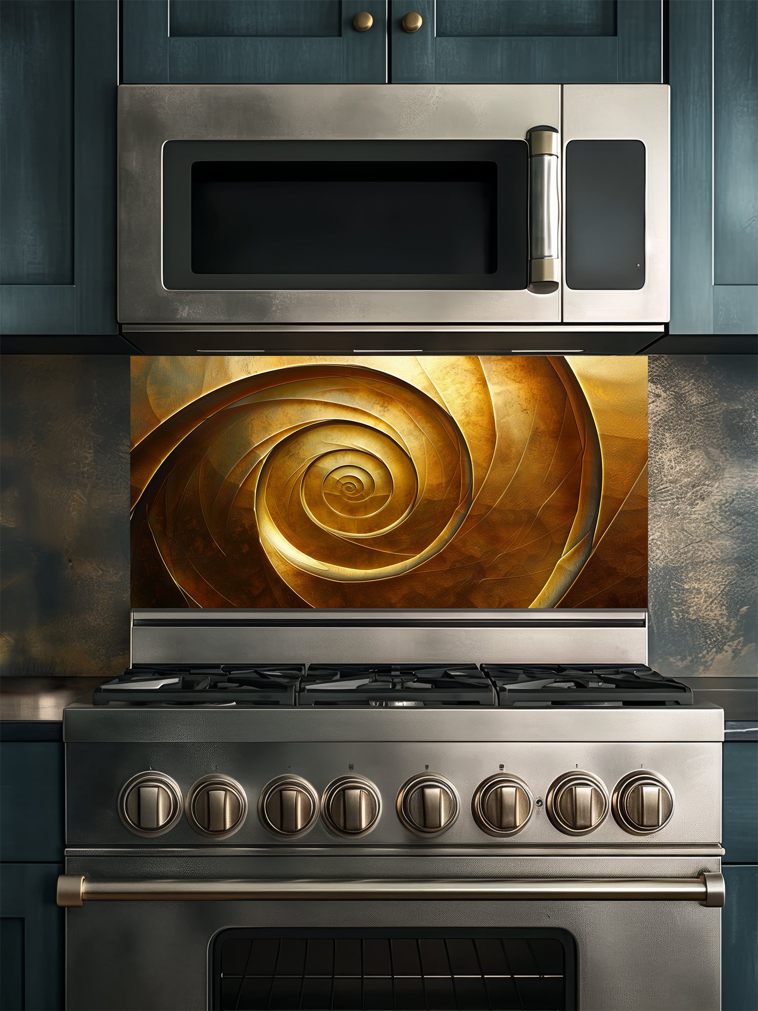 Tempered glass kitchen backsplash featuring a highly realistic 3D illusion of an abstract metallic golden spiral or vortex with deep shadows and glowing bronze highlights, installed behind a modern black stove.