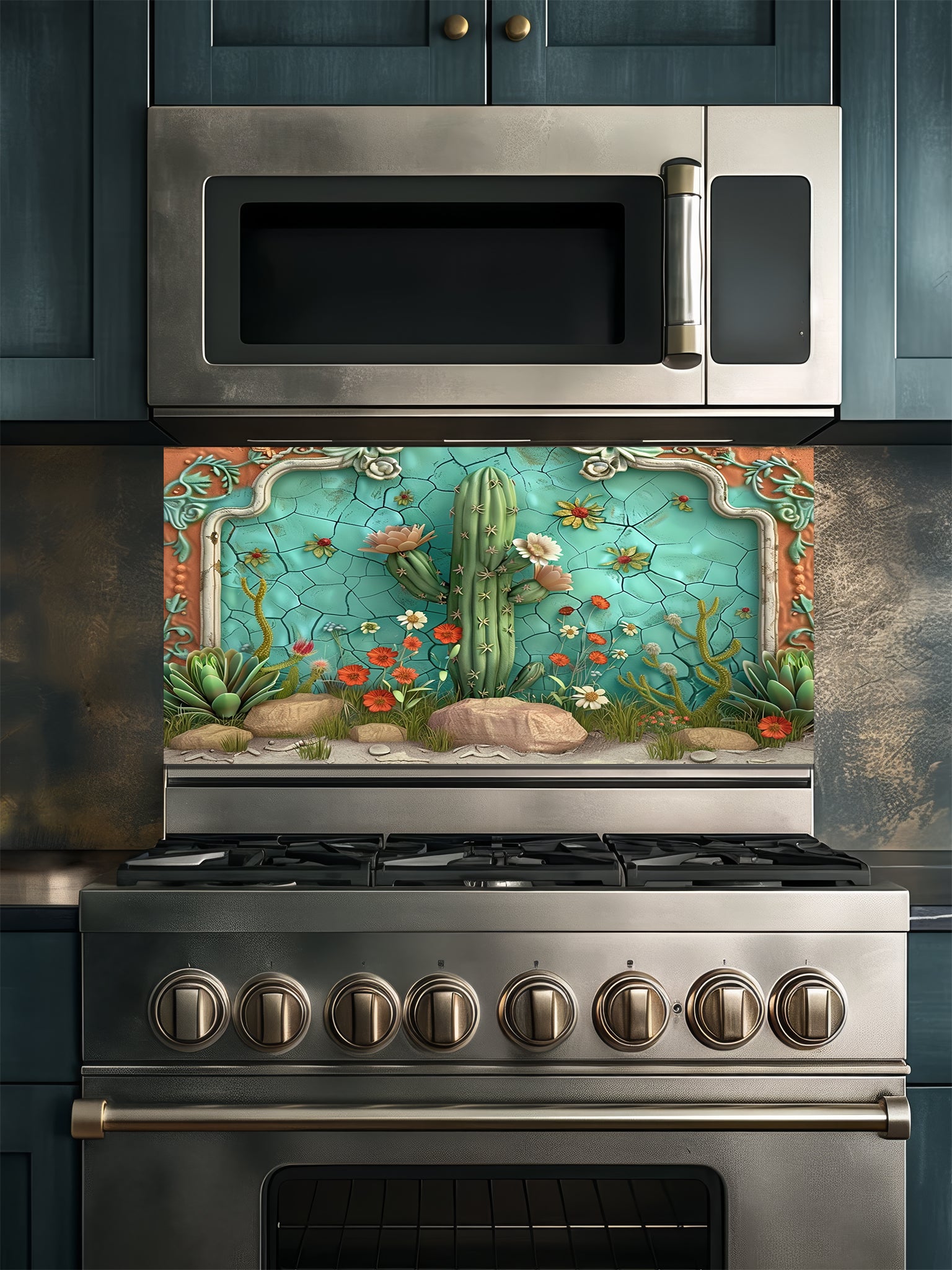 Faux 3D sculpted relief of a desert scene with a Saguaro cactus, succulents, and a terracotta frame against a cracked turquoise ceramic background, UV printed on a smooth tempered glass kitchen backsplash.