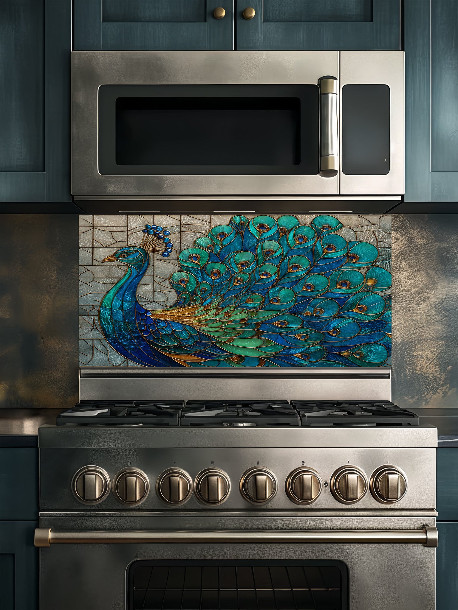 Stained glass style majestic peacock with spread feathers in teal, blue, and gold, UV printed on a smooth tempered glass kitchen backsplash, installed behind a modern stove.