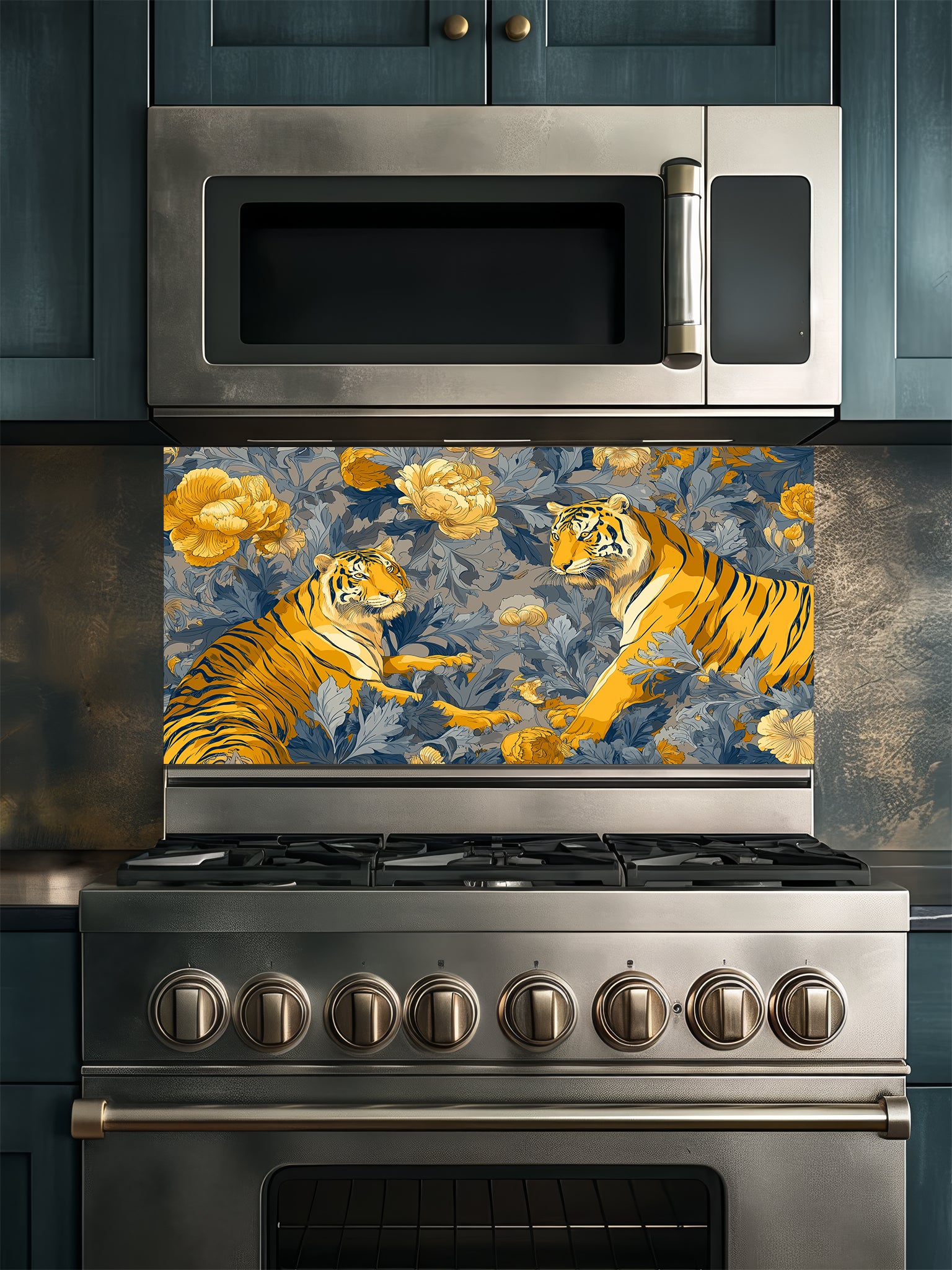 Vintage Chinoiserie style illustration of two majestic tigers among golden yellow peonies and deep blue botanical foliage, UV printed on a smooth tempered glass kitchen backsplash.