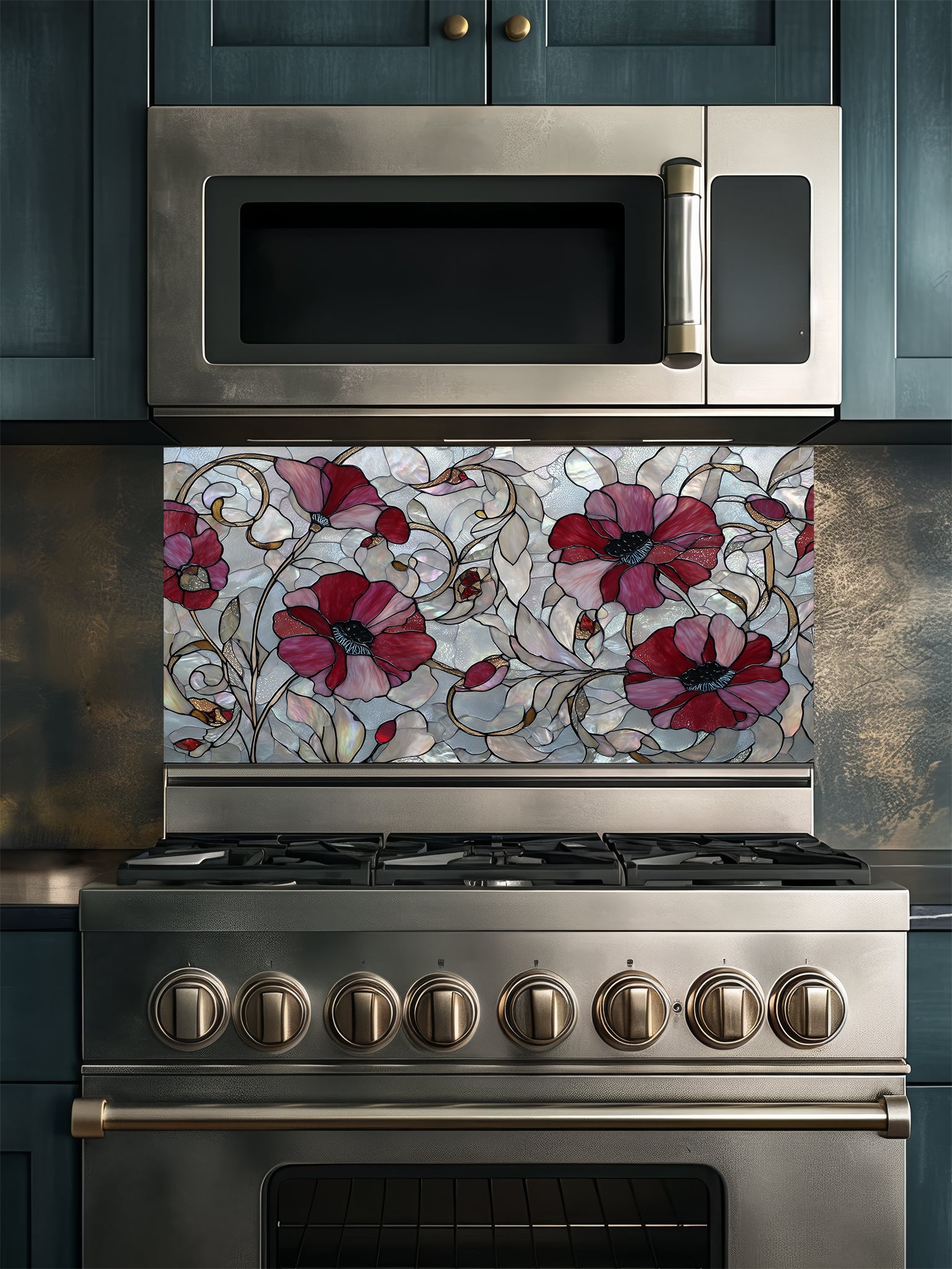 Faux stained glass pattern featuring deep crimson red poppy flowers and swirling vines against an iridescent mother-of-pearl mosaic background, UV printed on a smooth tempered glass kitchen backsplash.