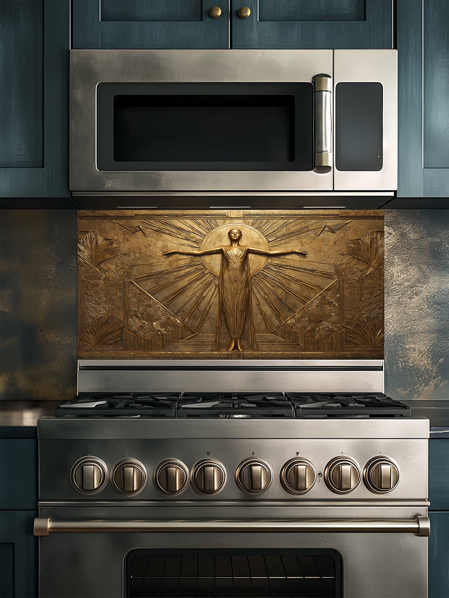 Tempered glass kitchen backsplash featuring a highly realistic 3D faux gold metal relief of a vintage Art Deco woman framed by elegant sunburst rays, installed behind a modern stainless steel stove.