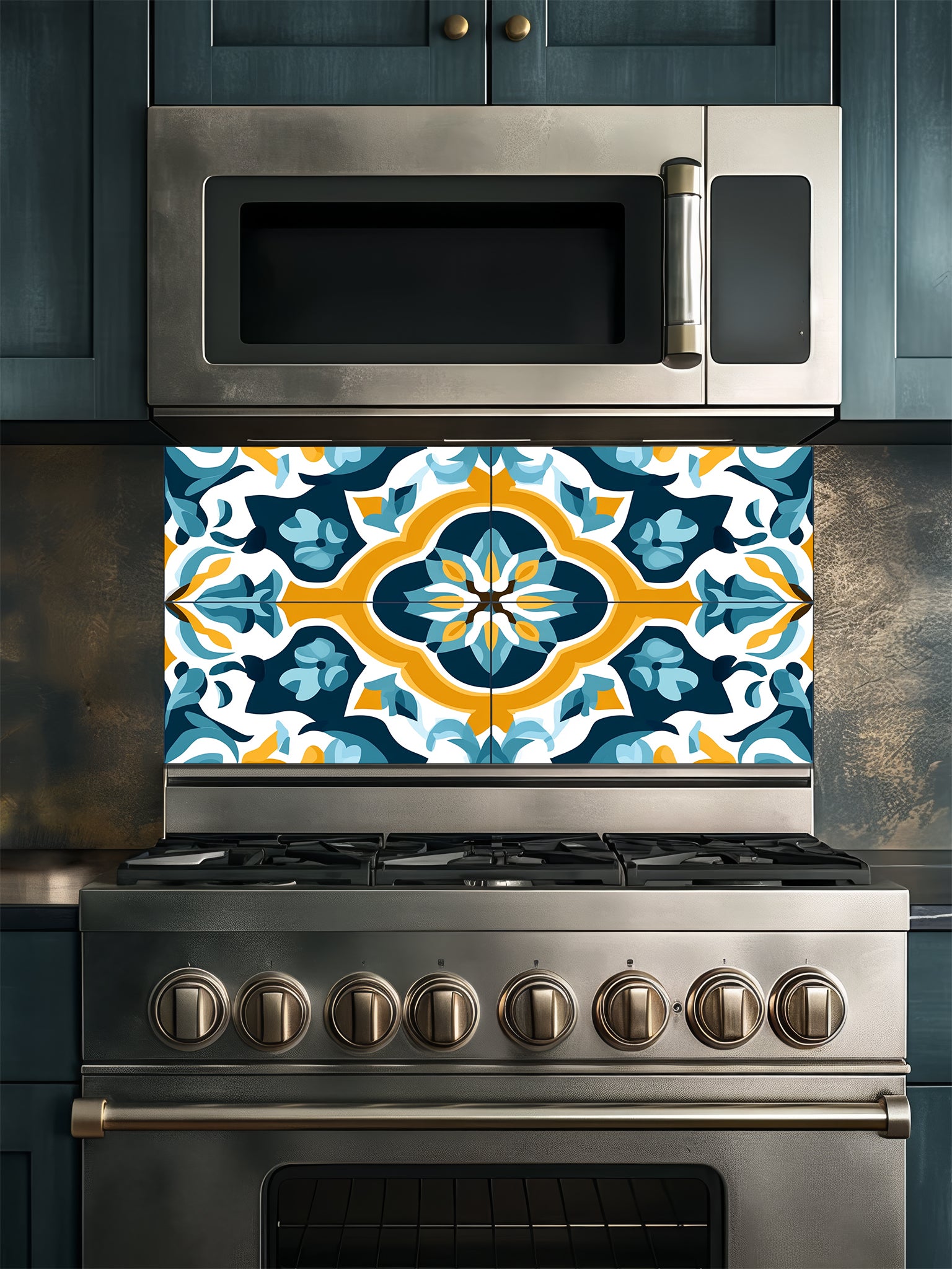 Tempered glass kitchen backsplash featuring a highly realistic illusion of traditional Mediterranean or Portuguese Azulejo tiles, showcasing a bold geometric floral pattern in vibrant teal, yellow, and navy blue on a crisp white background, installed behind a modern black stove.