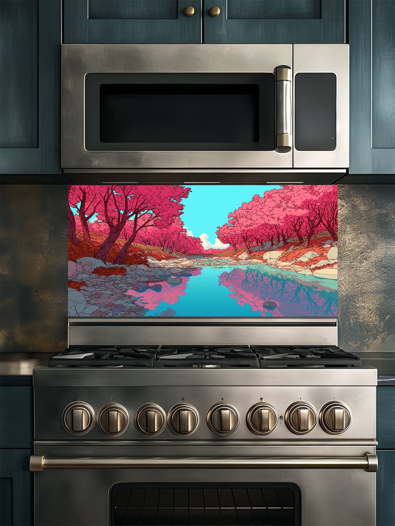 Anime style vibrant pink cherry blossom trees reflecting in a peaceful blue river, UV printed on a smooth tempered glass kitchen backsplash, installed behind a modern stove.