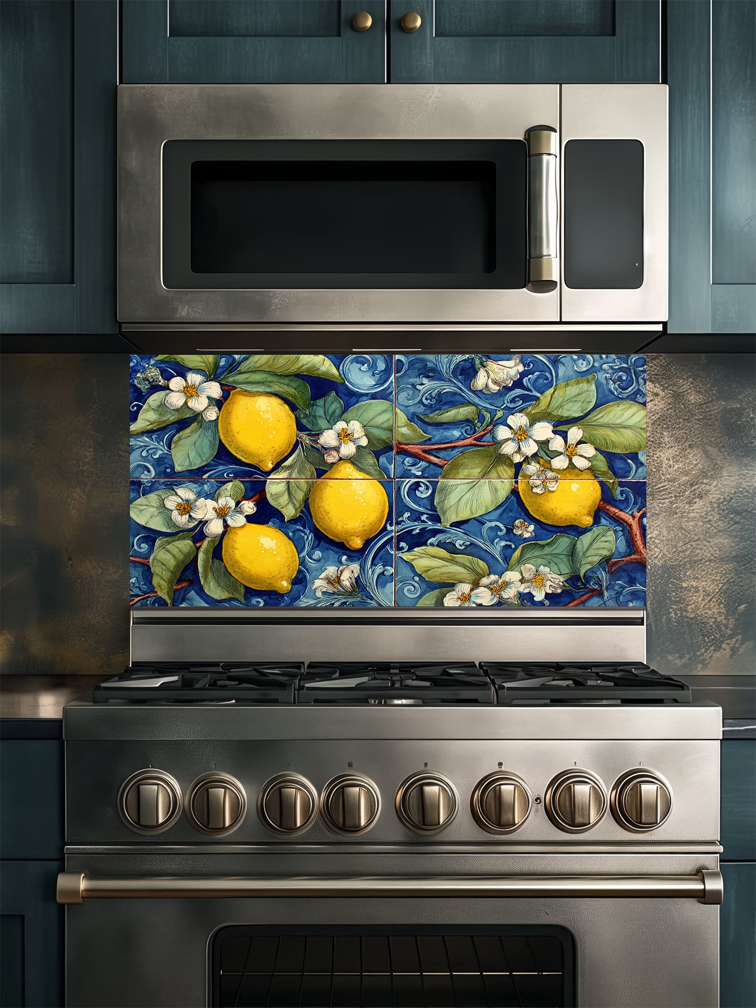 Tempered glass kitchen backsplash featuring a highly realistic illusion of a large four-panel traditional hand-painted Italian Majolica ceramic tile mural, showcasing bright yellow lemons and white blossoms against a deep cobalt blue background with intricate scrollwork, installed behind a modern black stove.