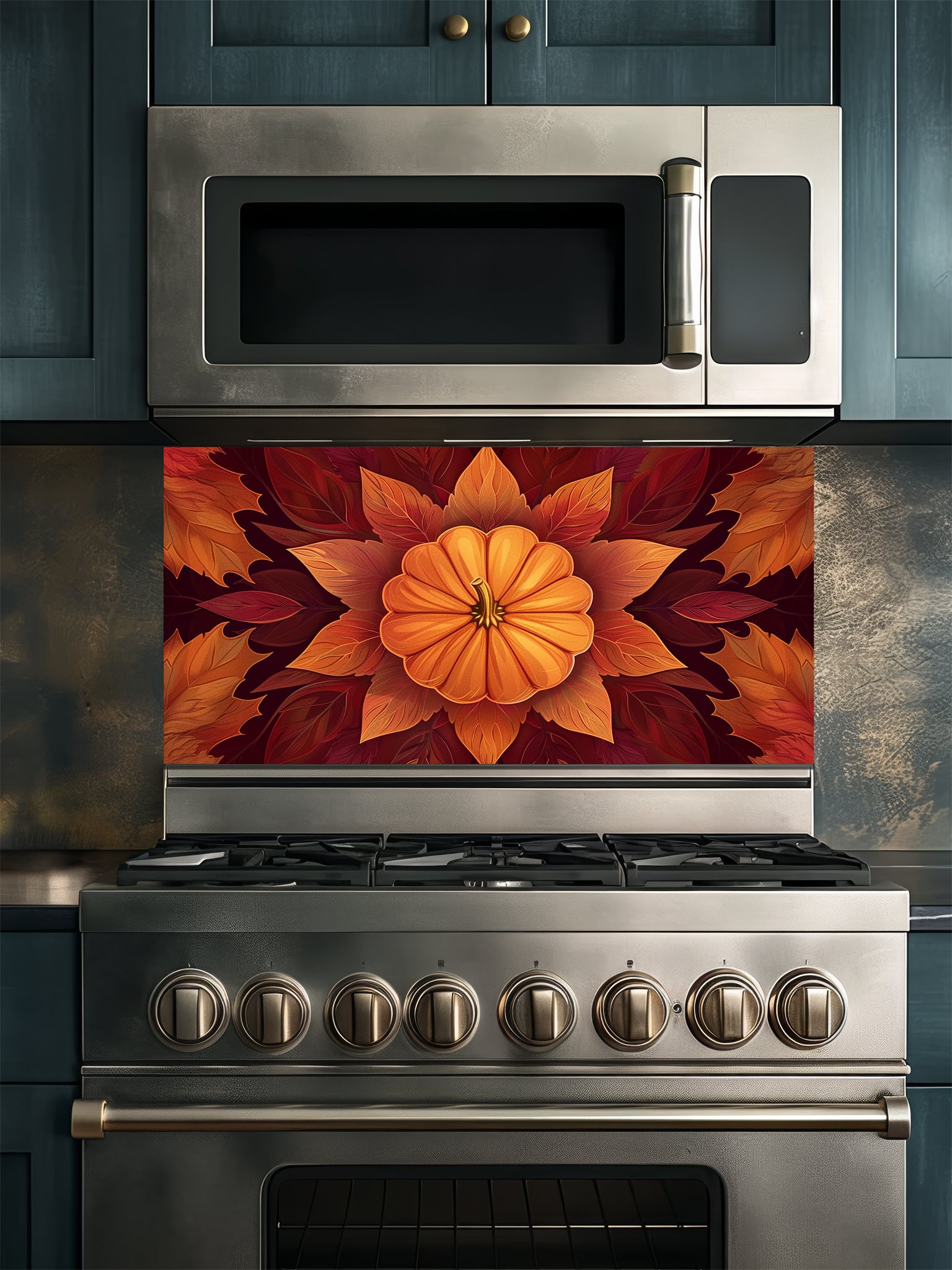 Faux 3D effect symmetrical pumpkin mandala surrounded by rich orange and burgundy autumn leaves, UV printed on a smooth tempered glass kitchen backsplash.