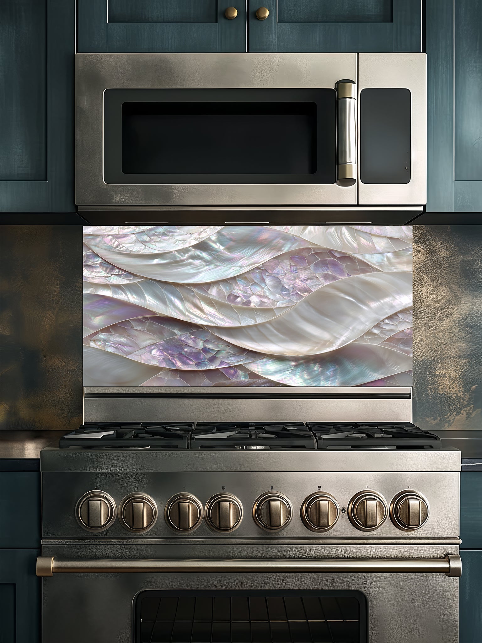 Tempered glass kitchen backsplash featuring a highly realistic 3D faux mosaic design of continuous flowing waves of mother of pearl shells with iridescent pastel colors, installed behind a modern stainless steel stove.