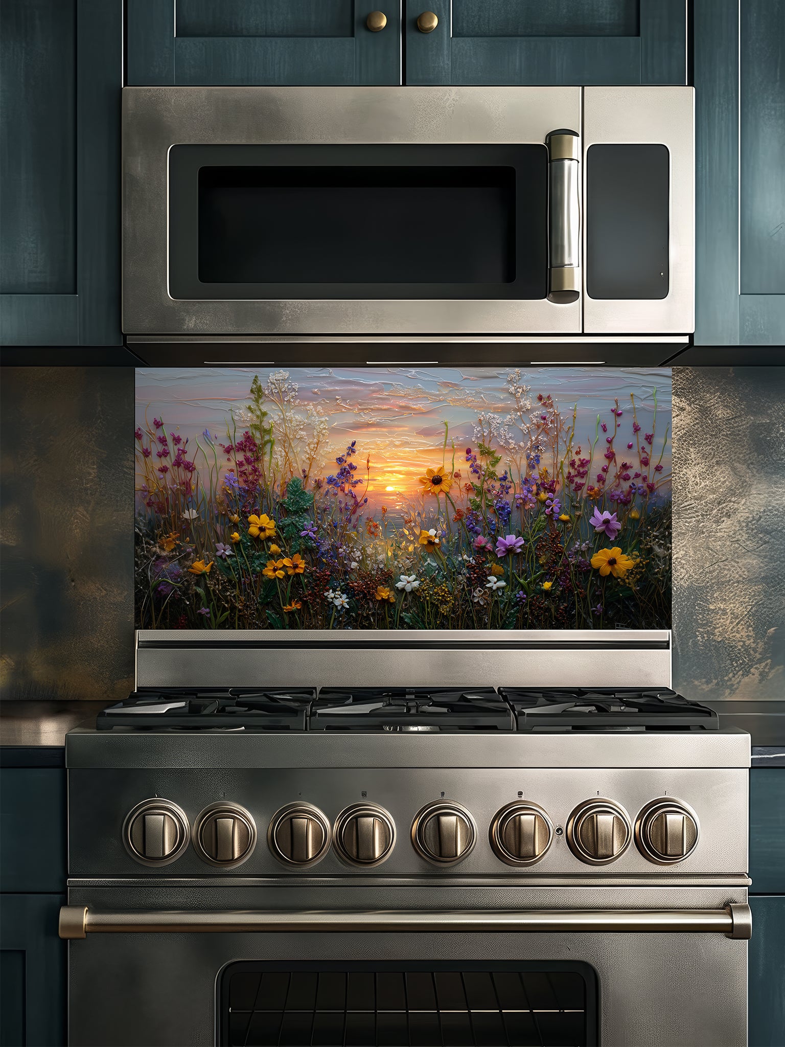 Tempered glass kitchen backsplash featuring a highly realistic 3D illusion of an impasto oil painting showing a vibrant wildflower meadow against a soft pastel sunset sky, installed behind a modern stainless steel stove.