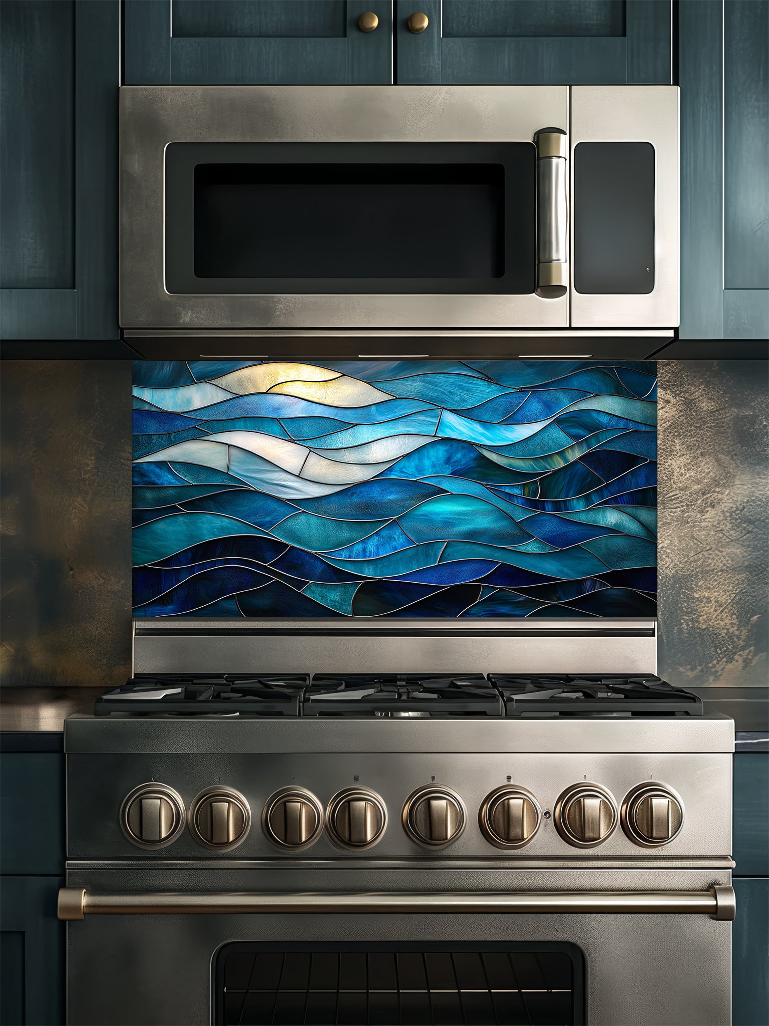 Stained glass style abstract ocean waves in rich blue and turquoise hues, UV printed on a smooth tempered glass kitchen backsplash, installed behind a modern stove.