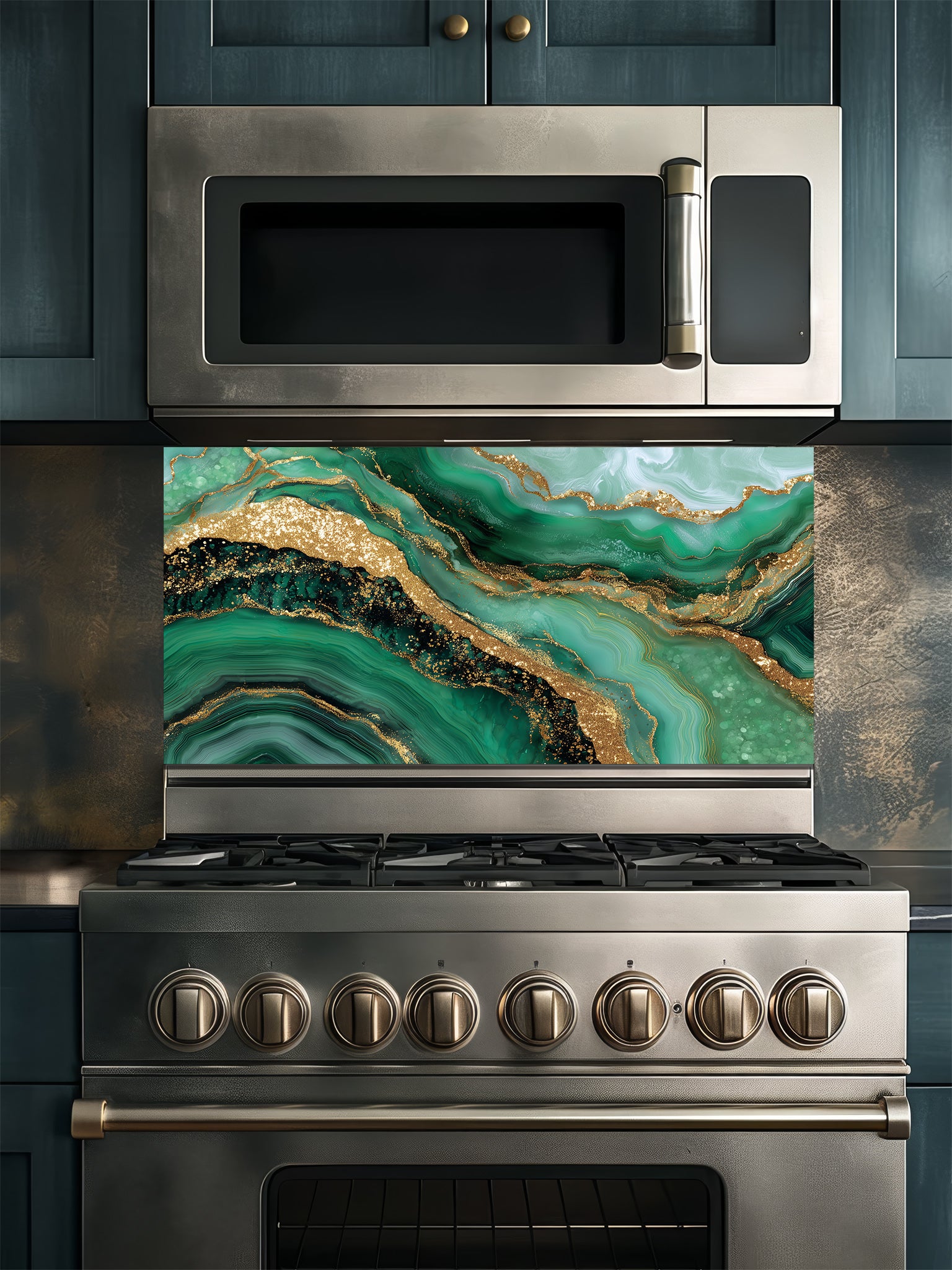 Tempered glass kitchen backsplash featuring a highly realistic illusion of emerald green and gold agate fluid art with faux glitter veins, installed behind a modern stainless steel stove.