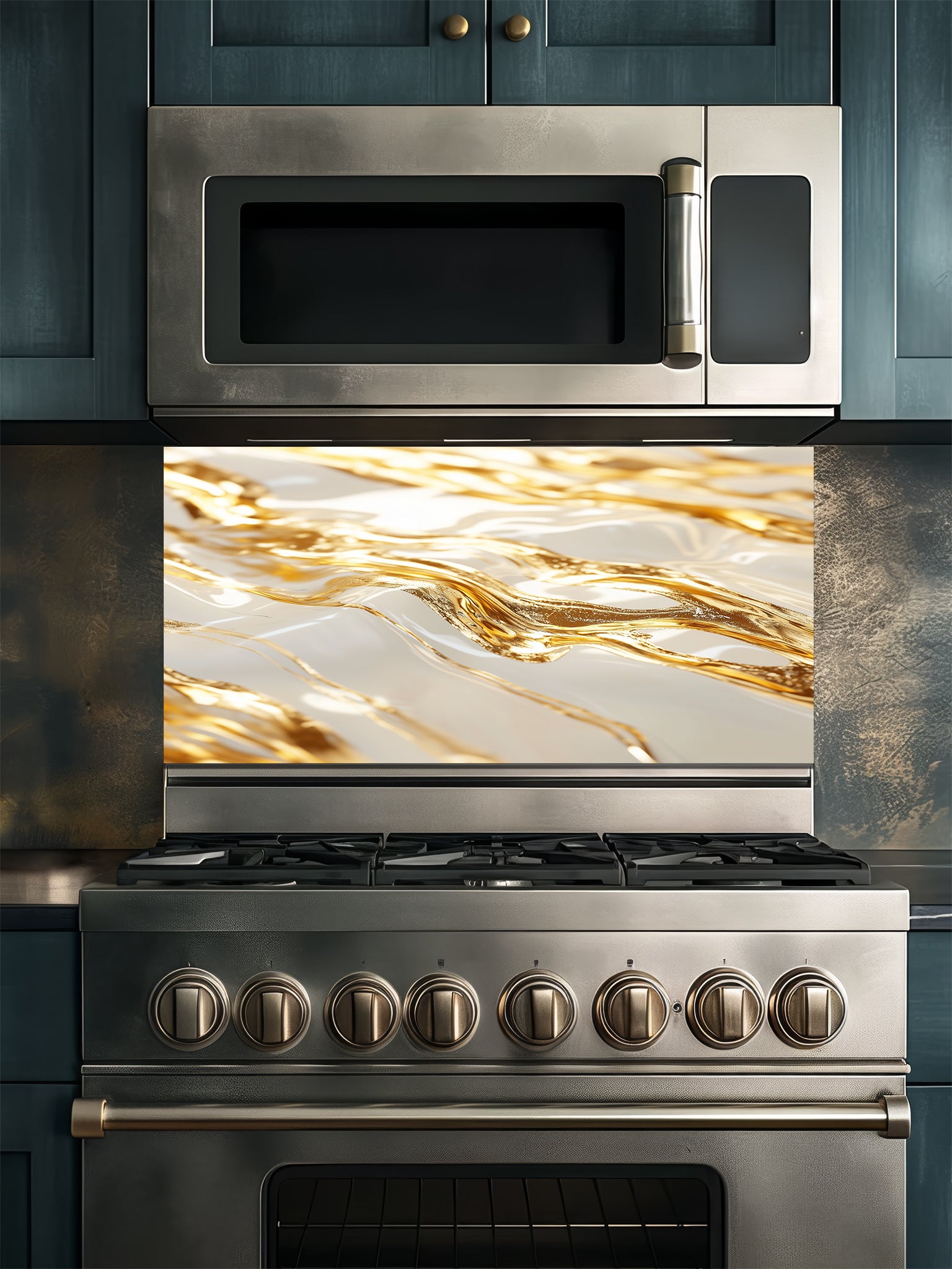 Stainless steel microwave and oven with marble backsplash in a kitchen setting