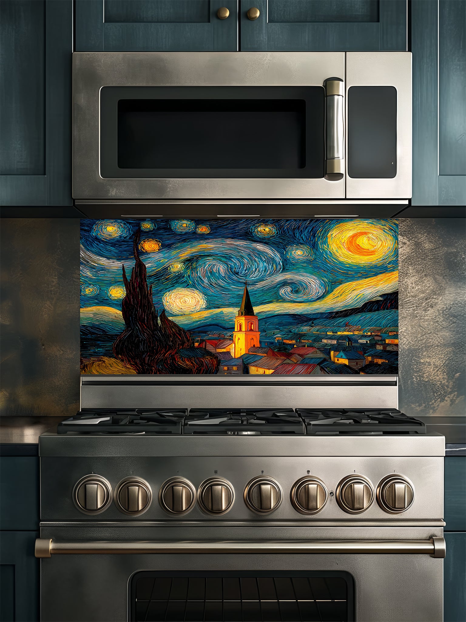 Tempered glass kitchen backsplash featuring a highly realistic 3D illusion of a thick impasto oil painting inspired by The Starry Night, showing a swirling blue night sky, glowing yellow stars, and a dark silhouette of a cypress tree over a village, installed behind a modern black stove.