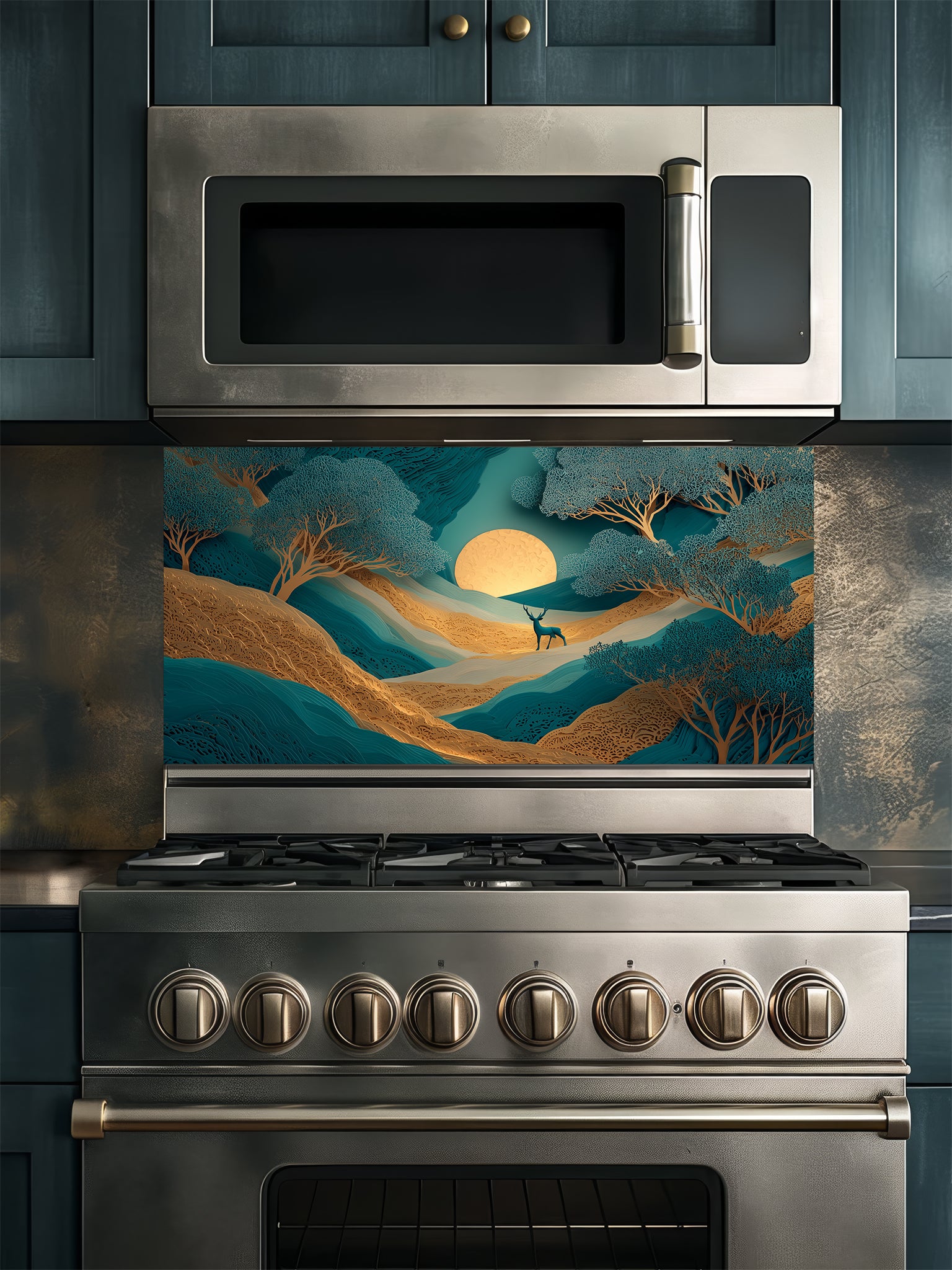 Faux 3D layered paper art of a mystical teal and gold forest with a deer and glowing moon, UV printed on a smooth tempered glass kitchen backsplash, installed behind a modern stove.