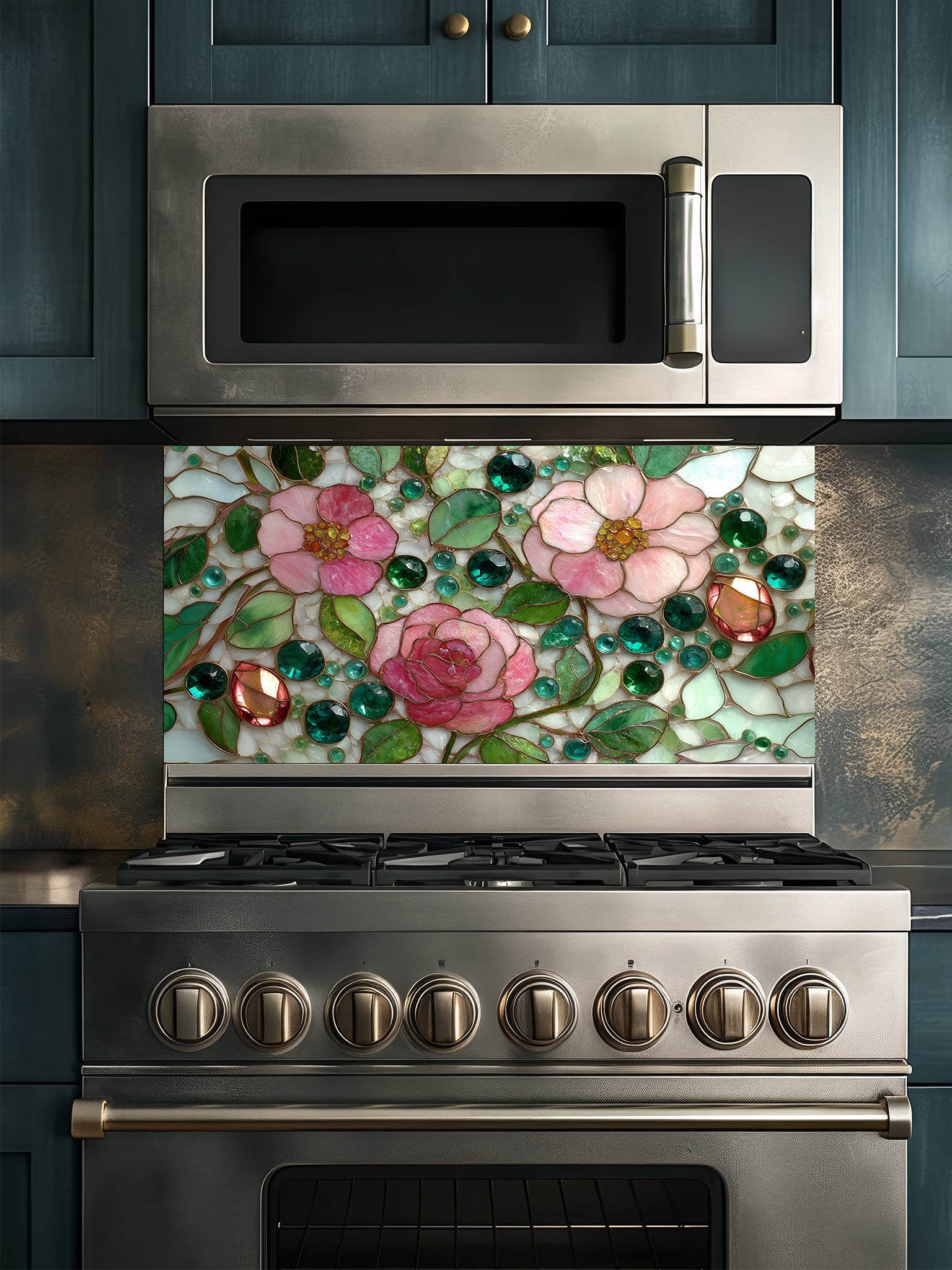 Tempered glass kitchen backsplash featuring a highly realistic faux stained glass design of delicate pink roses, green leaves, and jewel-like glass beads on a pale mosaic background, installed behind a modern stainless steel stove.
