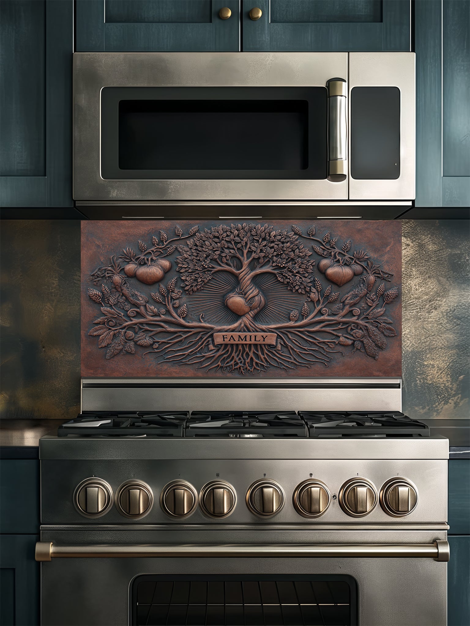 Faux 3D sculpted iron and copper relief of a family tree with a central radiating heart and a single 'FAMILY' banner over the roots, UV printed on a smooth tempered glass kitchen backsplash.