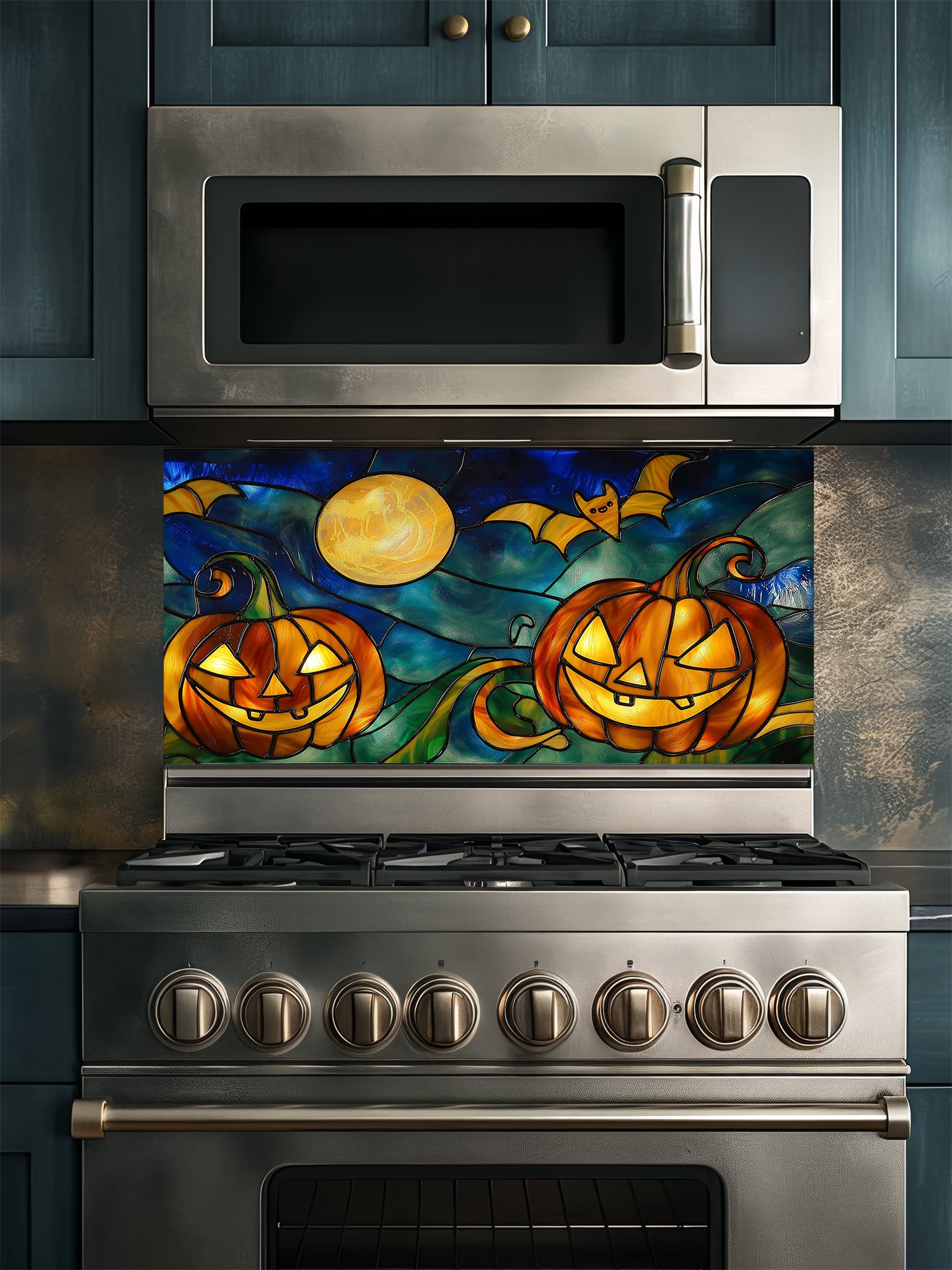 Stainless steel oven with Halloween-themed glass panel featuring pumpkins and bats.