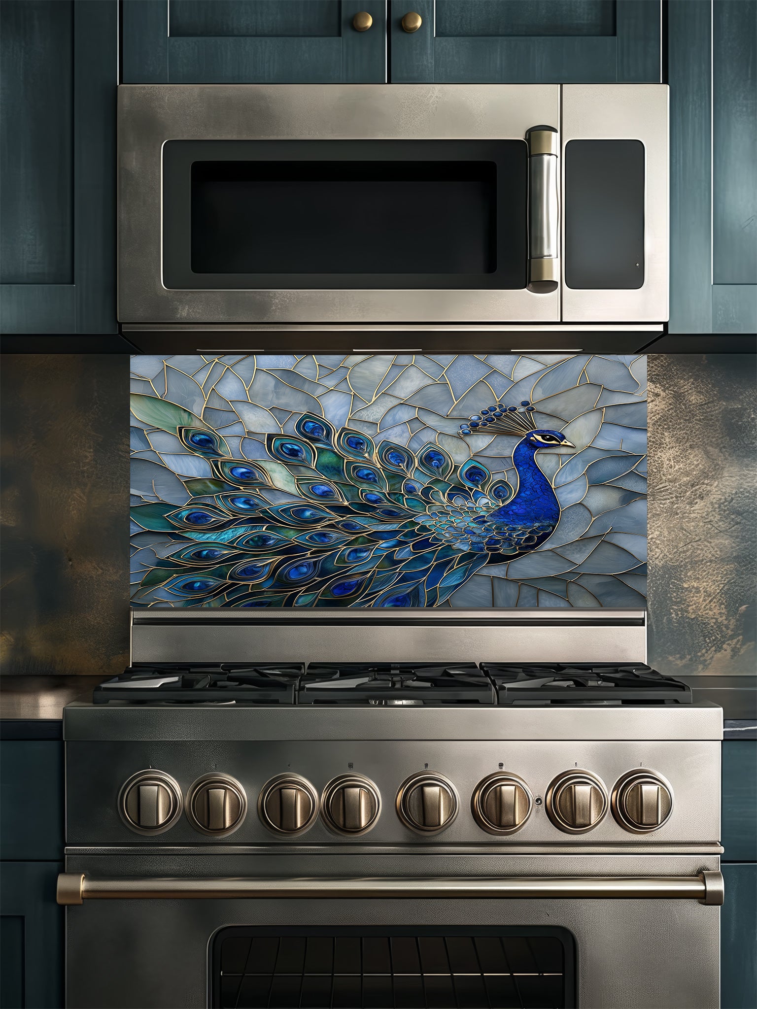 Tempered glass kitchen backsplash featuring a highly realistic 3D illusion of a stained glass mosaic showing a regal royal blue peacock with elegant gold outlines against an icy blue background, installed behind a modern stainless steel stove.