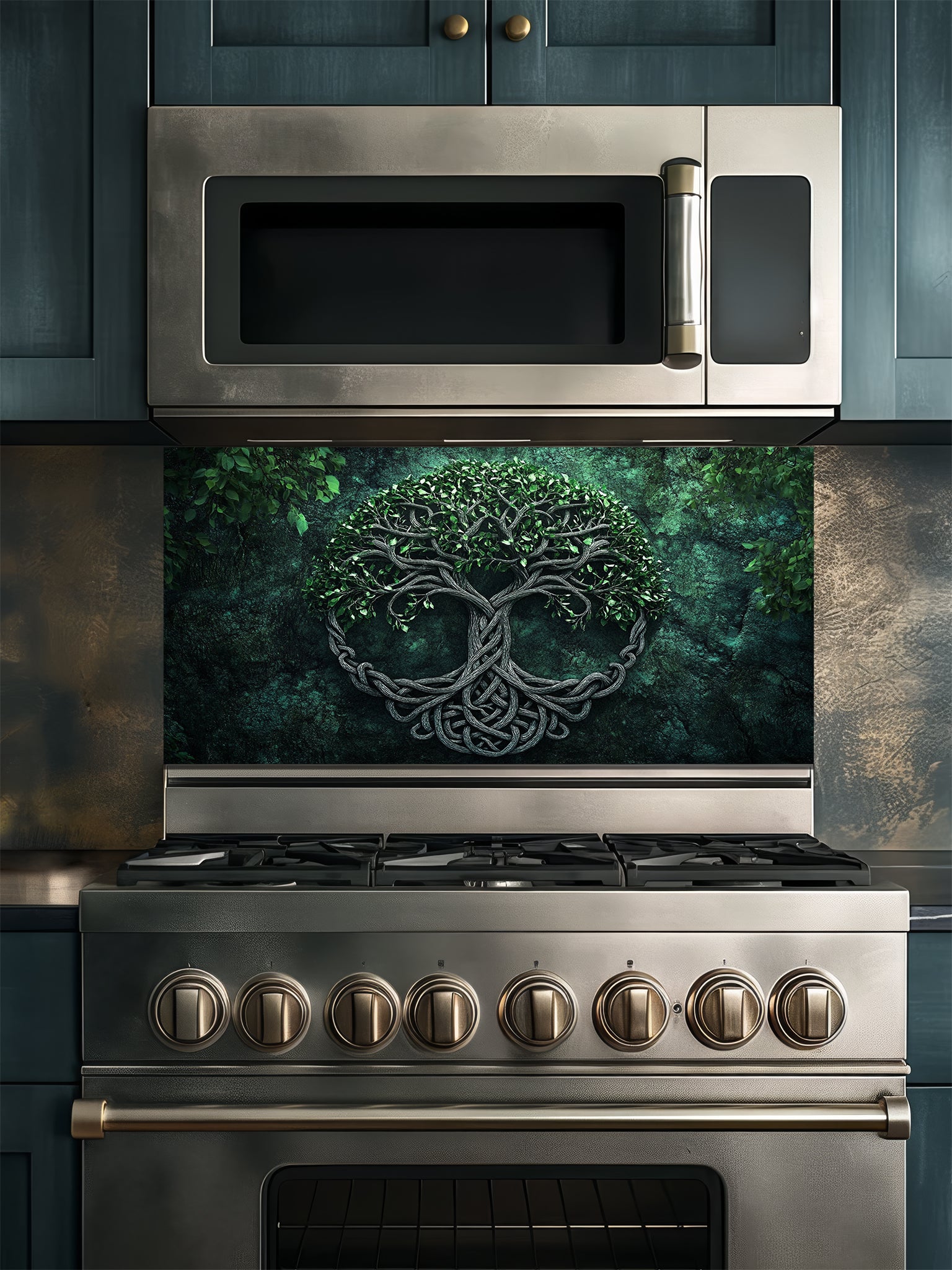 Tempered glass kitchen backsplash featuring a highly realistic 3D illusion of an ancient carved Celtic Tree of Life (Yggdrasil) with intricate knotwork roots and lush green leaves against a dark, moody forest green background, installed behind a modern black stove.