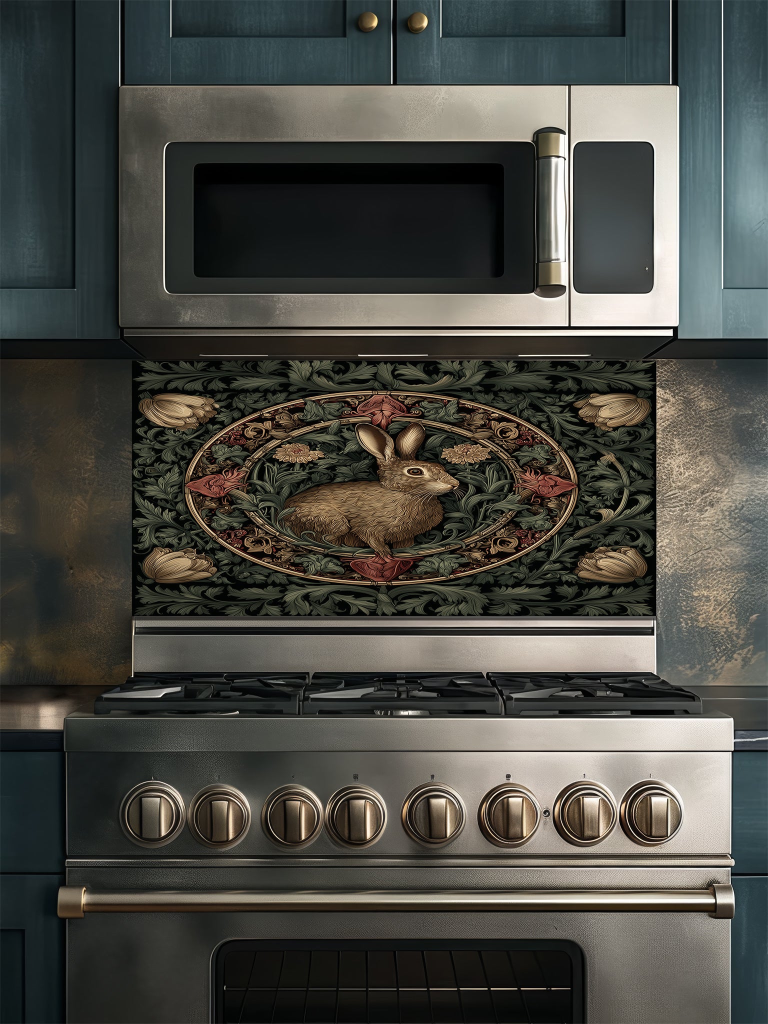 Tempered glass kitchen backsplash featuring a vintage-style dark botanical design with an ornate circular floral frame enclosing a classic illustration of a brown woodland hare, installed behind a modern stainless steel stove.