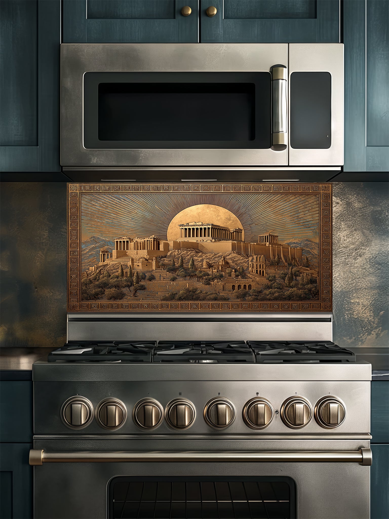 Faux 3D sculpted gold and bronze relief of the Ancient Greek Acropolis and Parthenon under a glowing moon, framed by a Greek key border, UV printed on a smooth tempered glass kitchen backsplash.