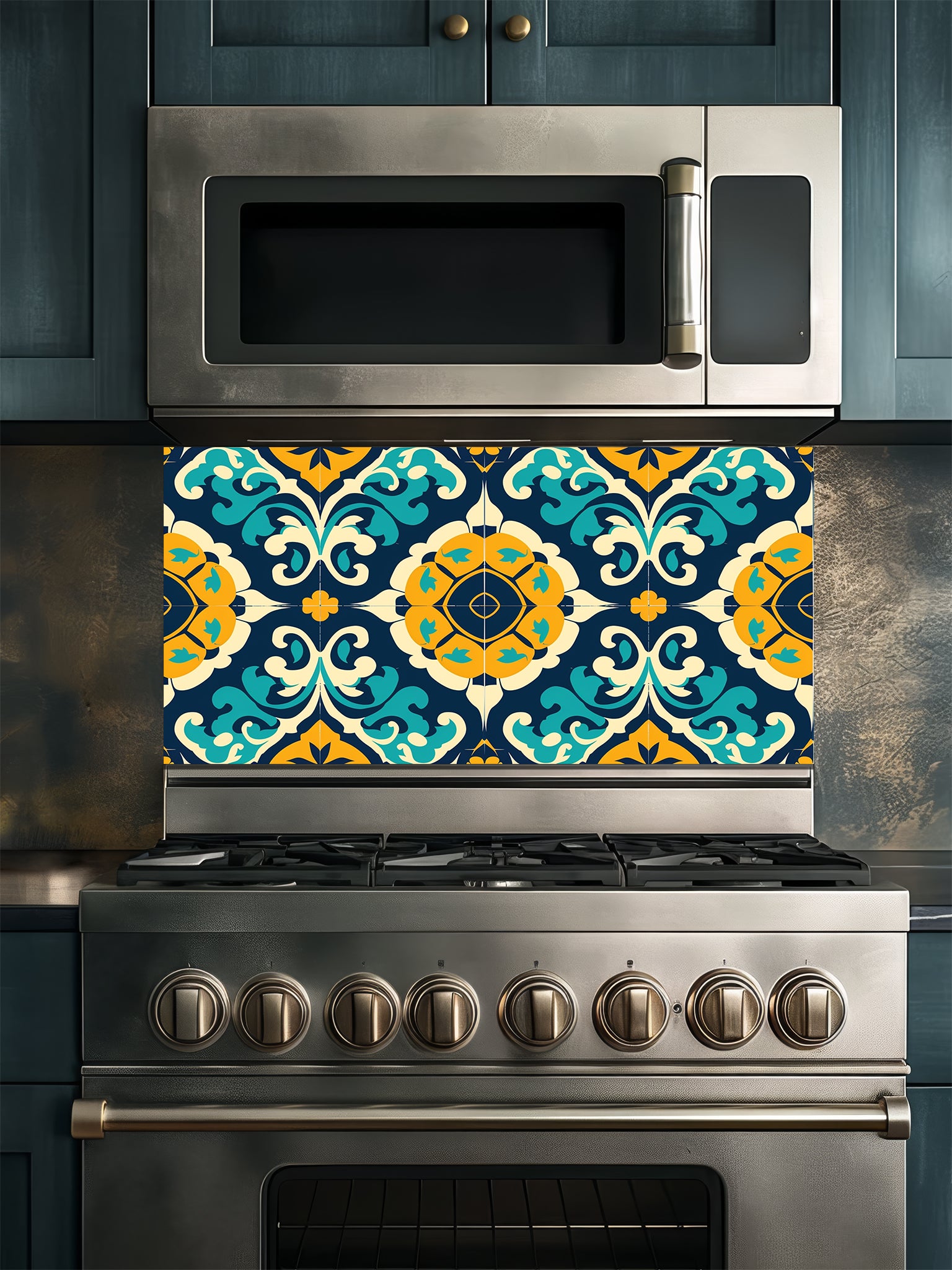 Tempered glass kitchen backsplash featuring a highly realistic illusion of traditional Moroccan or Spanish tiles, showcasing an intricate geometric floral pattern in deep navy blue, vibrant teal, and mustard yellow, installed behind a modern black stove.