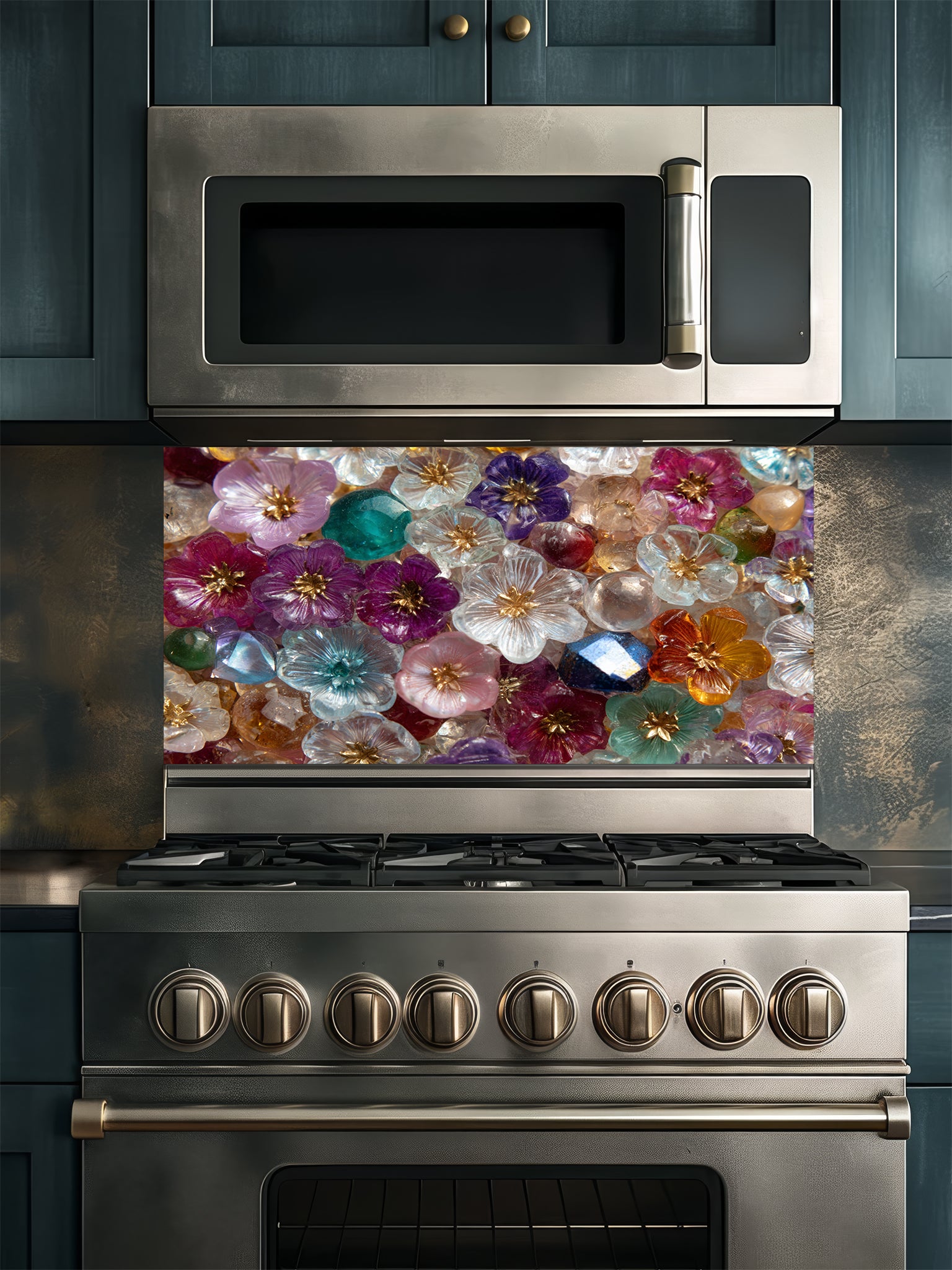 Tempered glass kitchen backsplash featuring a highly realistic 3D illusion of a dense, sparkling mosaic made of translucent glass flowers and crystal gems in vibrant jewel tones of purple, ruby, sapphire, emerald, and gold, installed behind a modern black stove.