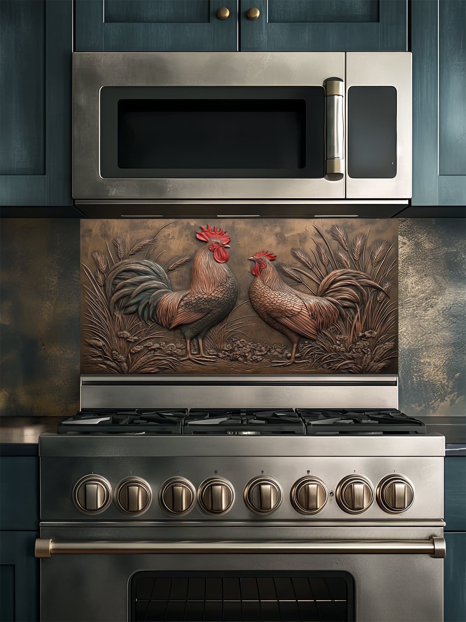 Faux 3D effect weathered bronze and copper relief of two roosters among wheat, UV printed on a smooth tempered glass kitchen backsplash, installed behind a modern stove.