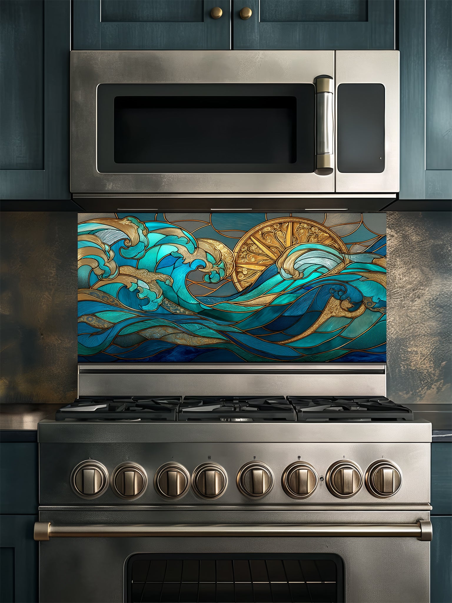 Art Deco stained glass style teal ocean waves and a golden sun UV printed on tempered glass kitchen backsplash, installed behind a modern stove.