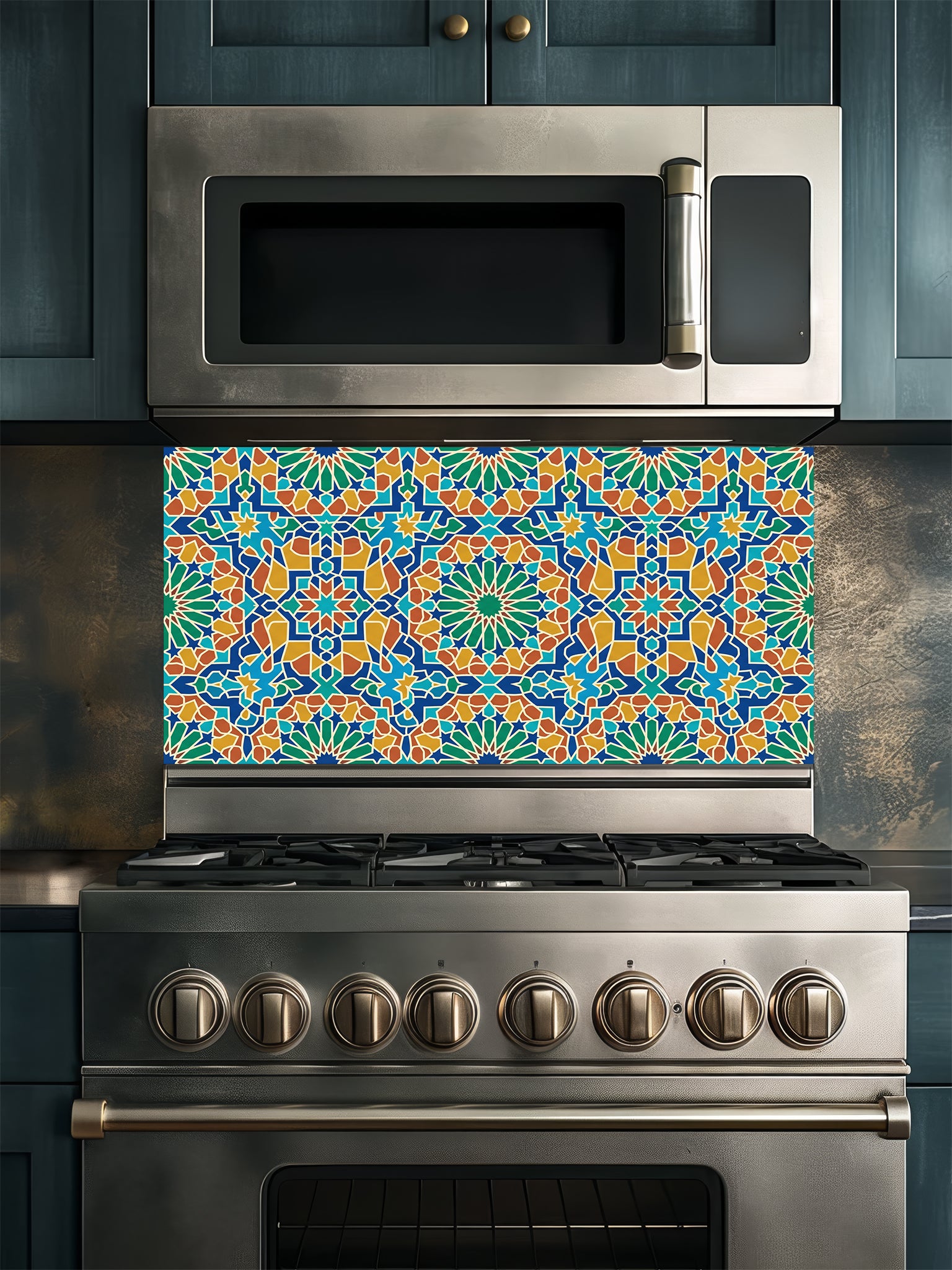 Stainless steel oven with colorful geometric patterned backsplash