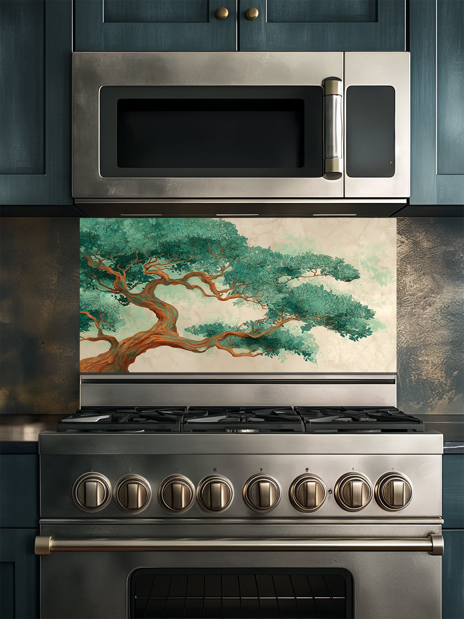 Traditional Asian art style illustration of an ancient bonsai pine tree with lush green needles on a textured beige background, UV printed on a smooth tempered glass kitchen backsplash.