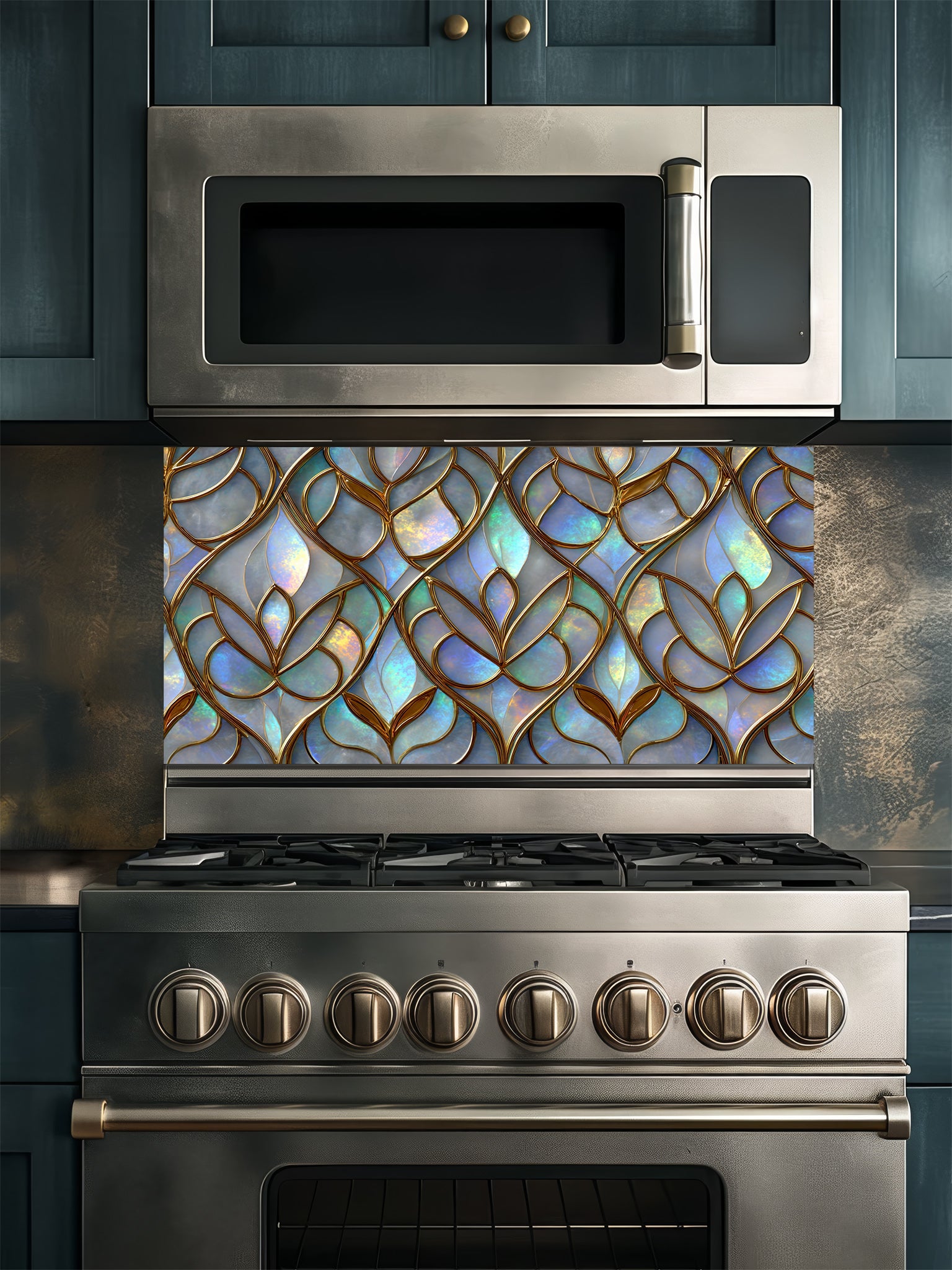Tempered glass kitchen backsplash featuring a highly realistic 3D illusion of Art Nouveau stained glass showing an elegant repeating leaf pattern with iridescent opal and pearl inlays outlined in rich gold filigree, installed behind a modern stainless steel stove.