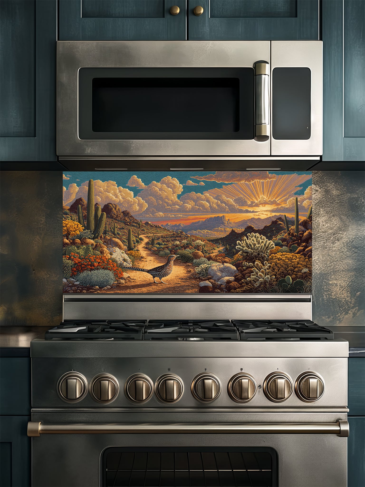 Tempered glass kitchen backsplash featuring a highly realistic 3D illusion of a vintage impasto oil painting showing a beautiful Southwestern desert landscape with a dirt trail, saguaro cacti, blooming flora, a quail, and a radiant sunburst sunset, installed behind a modern black stove.