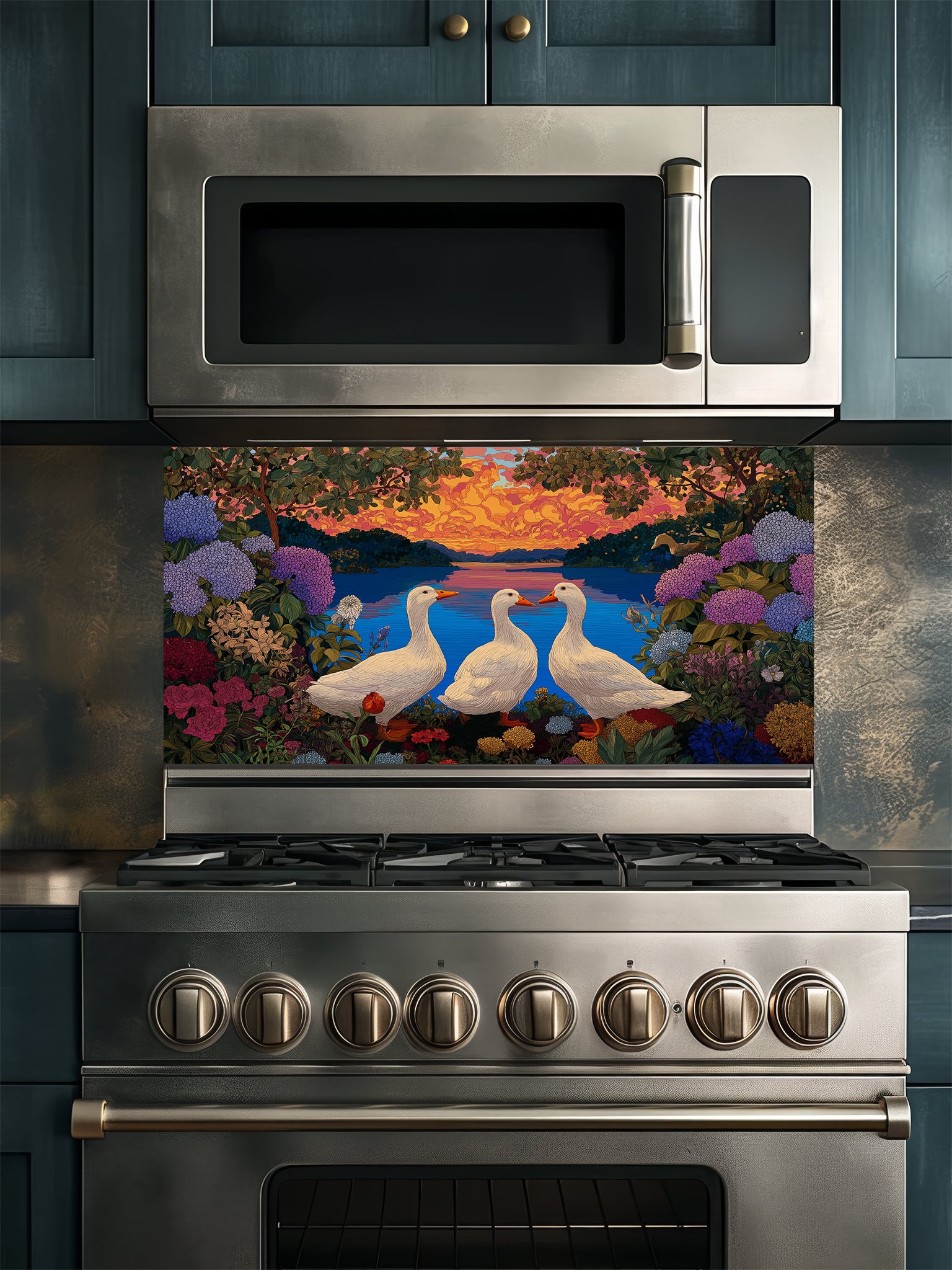 Vintage style illustration of three white ducks by a calm lake at sunset, framed by lush hydrangeas and wildflowers, UV printed on a smooth tempered glass kitchen backsplash.