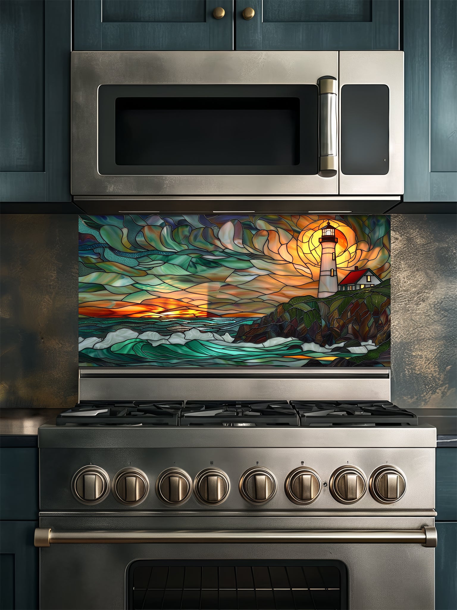 Tempered glass kitchen backsplash featuring a highly realistic 3D illusion of scenic stained glass art showing a classic lighthouse with a red roof on a rocky cliff overlooking turbulent teal ocean waves under a vibrant orange and amber sunset sky, installed behind a modern black stove.