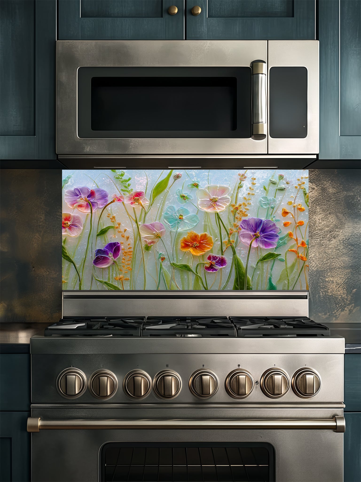 Faux 3D effect glossy glass art wildflowers including pansies in vibrant purple, pink, yellow, and blue, UV printed on a smooth tempered glass kitchen backsplash.