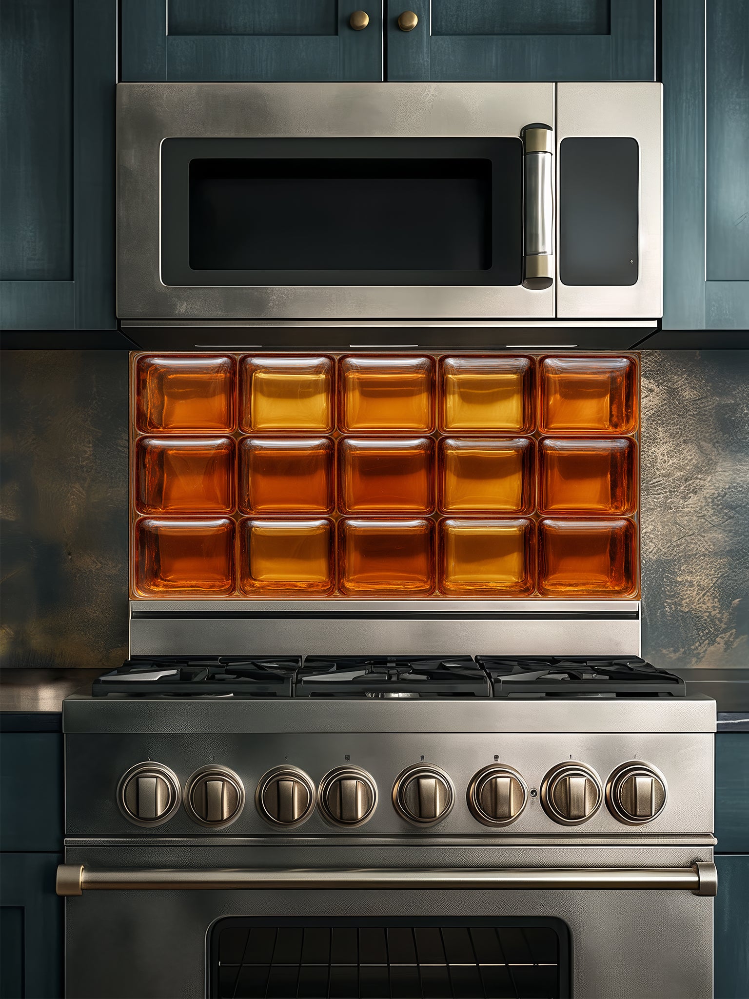 Tempered glass kitchen backsplash featuring a highly realistic 3D illusion of textured retro glass blocks in glowing, warm shades of amber and honey gold, installed behind a modern stainless steel stove.