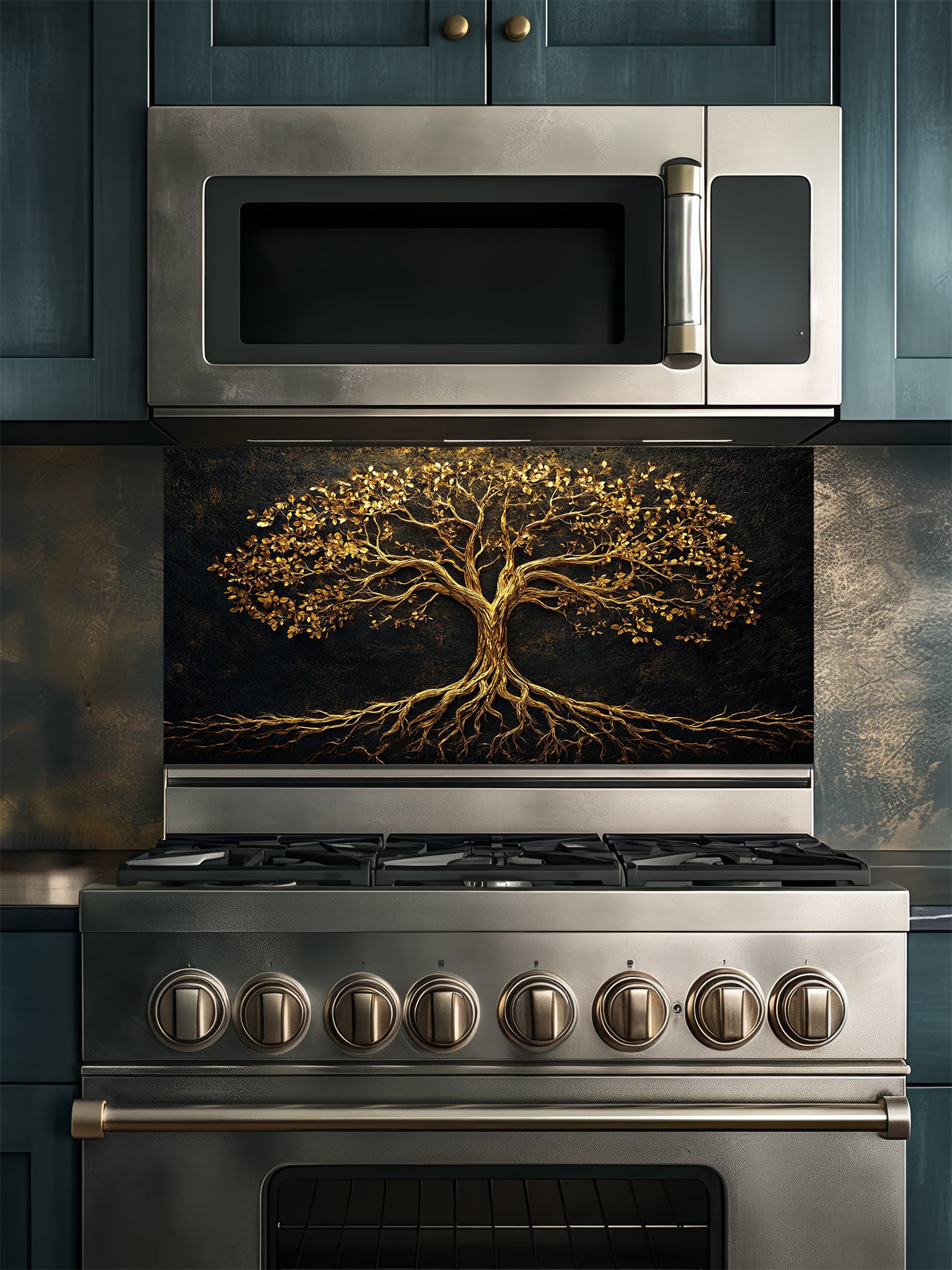 Abstract luxury fine art style Tree of Life featuring faux gold leaf and metallic textures, UV printed on a smooth tempered glass kitchen backsplash.