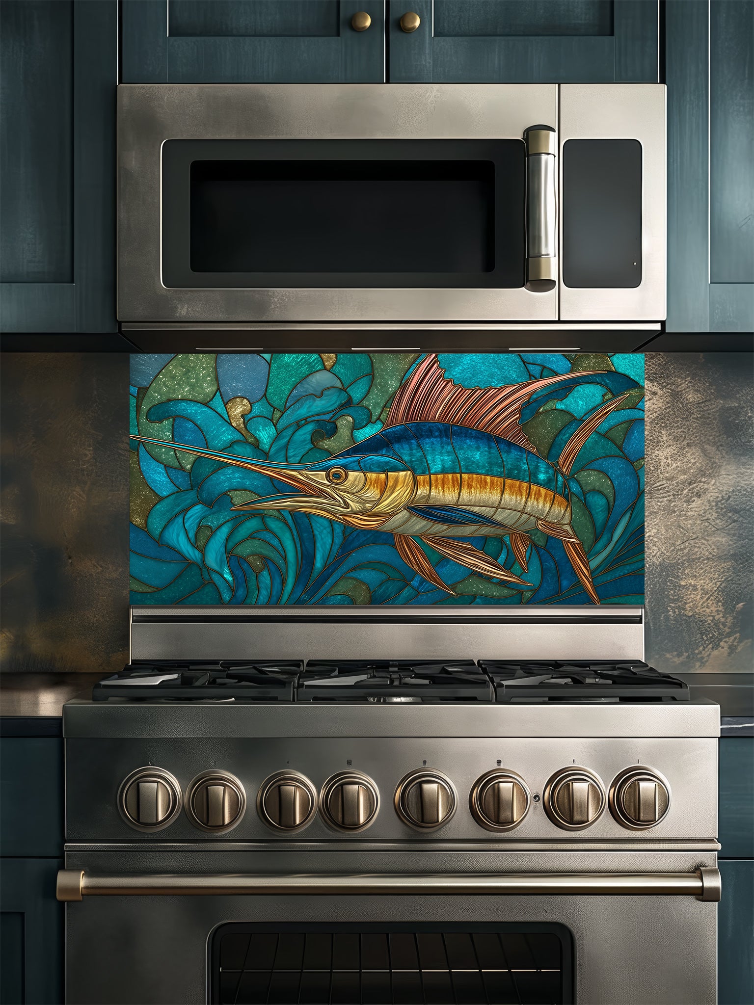 Stained glass style majestic blue marlin swimming through dynamic turquoise ocean waves, UV printed on a smooth tempered glass kitchen backsplash, installed behind a modern stove.