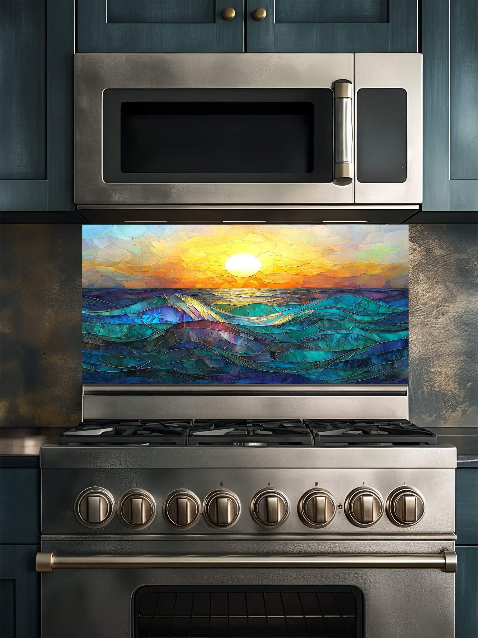 Vibrant sunset and ocean waves stained glass effect UV printed on a tempered glass backsplash, installed behind a modern black kitchen stove.