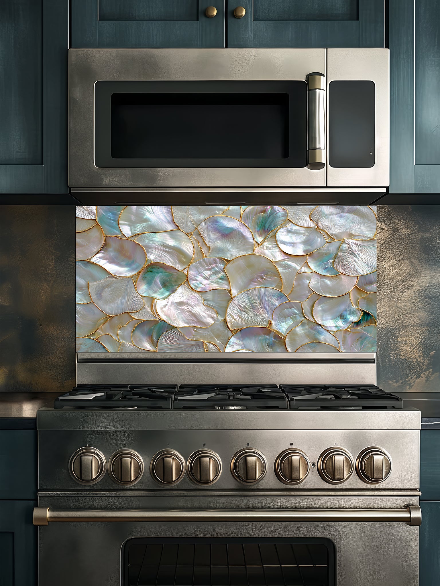 Tempered glass kitchen backsplash featuring a highly realistic 3D faux mosaic design of overlapping mother of pearl and abalone shells with iridescent pastel colors and gold outlines, installed behind a modern stainless steel stove.
