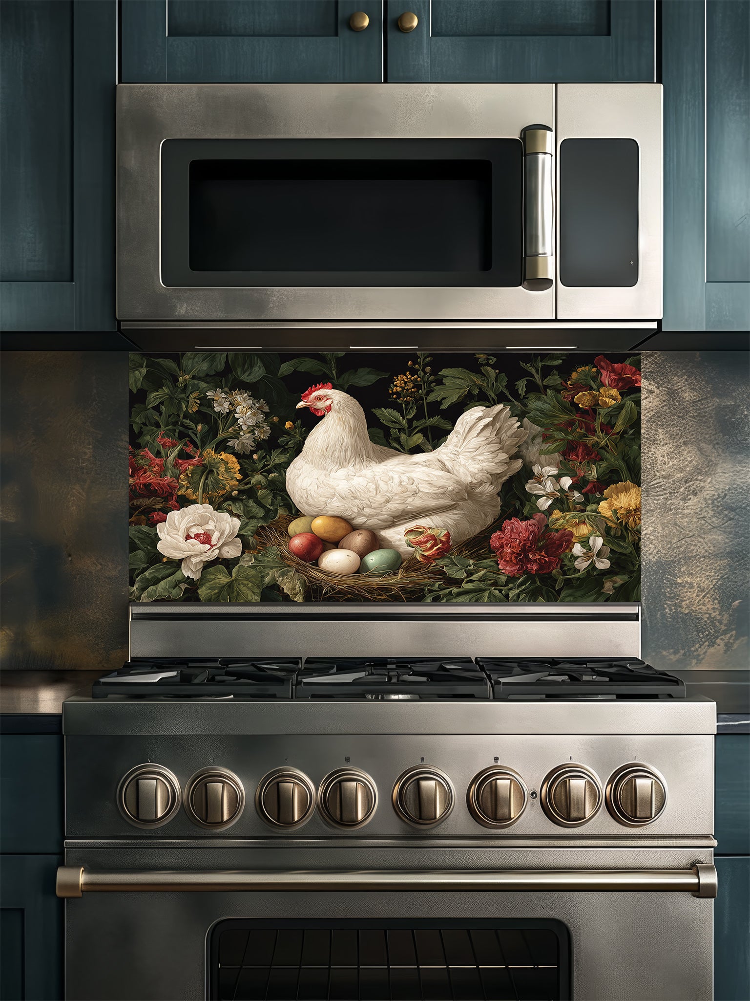 Stainless steel oven with decorative glass backsplash featuring a chicken and flowers