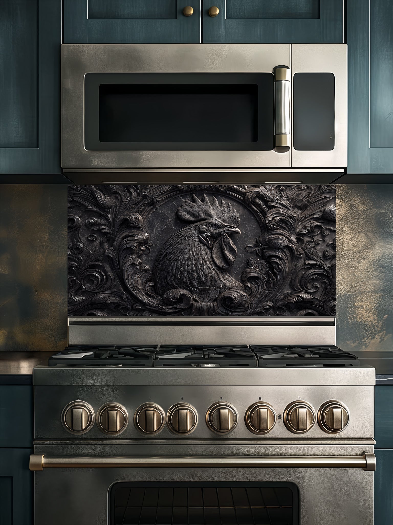 Faux 3D effect dark stone relief carving of a rooster and ornate scrollwork, UV printed on a smooth tempered glass kitchen backsplash, installed behind a modern stove.