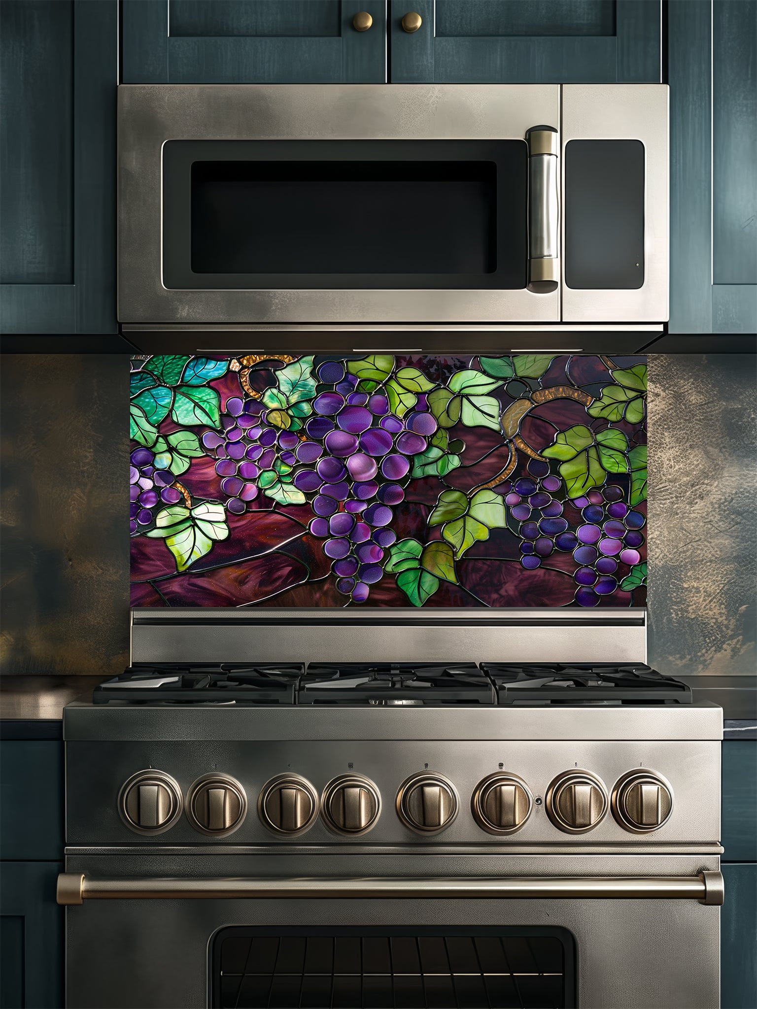 Stained glass style purple grapes and green vine leaves, UV printed on a smooth tempered glass kitchen backsplash, installed behind a modern stove.