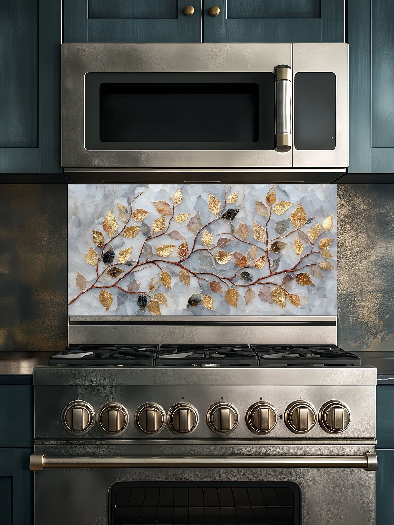 Tempered glass kitchen backsplash featuring a realistic 3D-effect design of elegant gold and bronze leaves on curving branches over a pearlescent white and soft grey cracked mosaic background, installed behind a modern stainless steel stove.