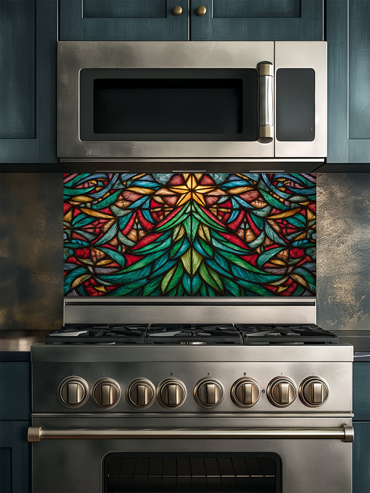 Tempered glass kitchen backsplash featuring a highly realistic 3D illusion of stained glass art showing a vibrant, symmetrical geometric Christmas tree with a glowing gold star at the top in rich jewel tones of emerald green, ruby red, and amber, installed behind a modern black stove.
