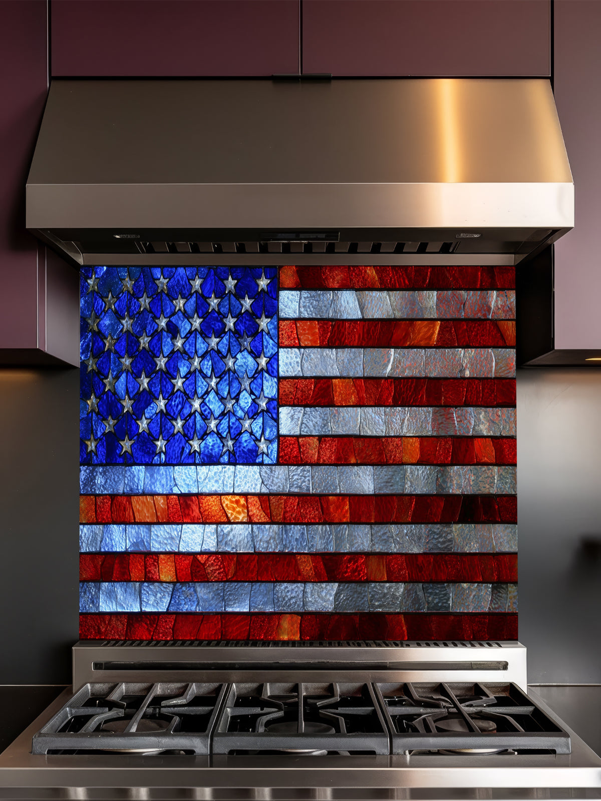 Faux stained glass pattern featuring the American flag with vibrant red, white, and blue textured pieces, UV printed on a smooth tempered glass kitchen backsplash.