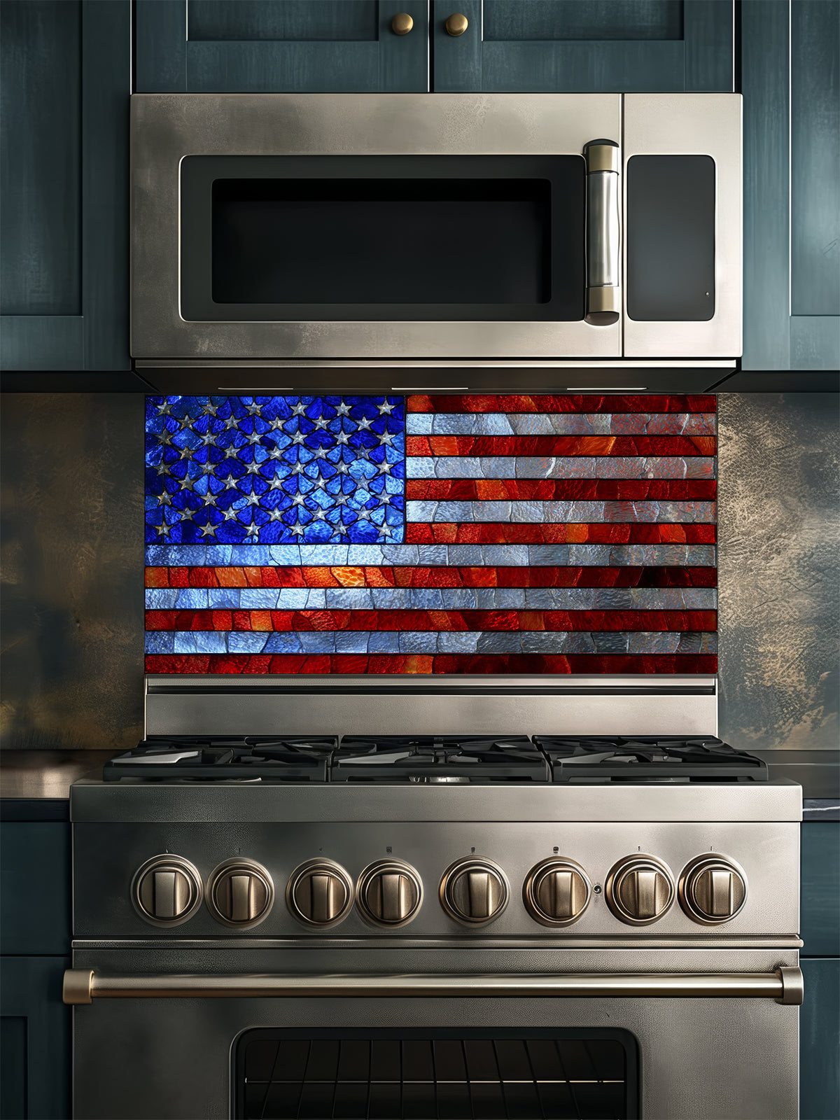 Faux stained glass pattern featuring the American flag with vibrant red, white, and blue textured pieces, UV printed on a smooth tempered glass kitchen backsplash.