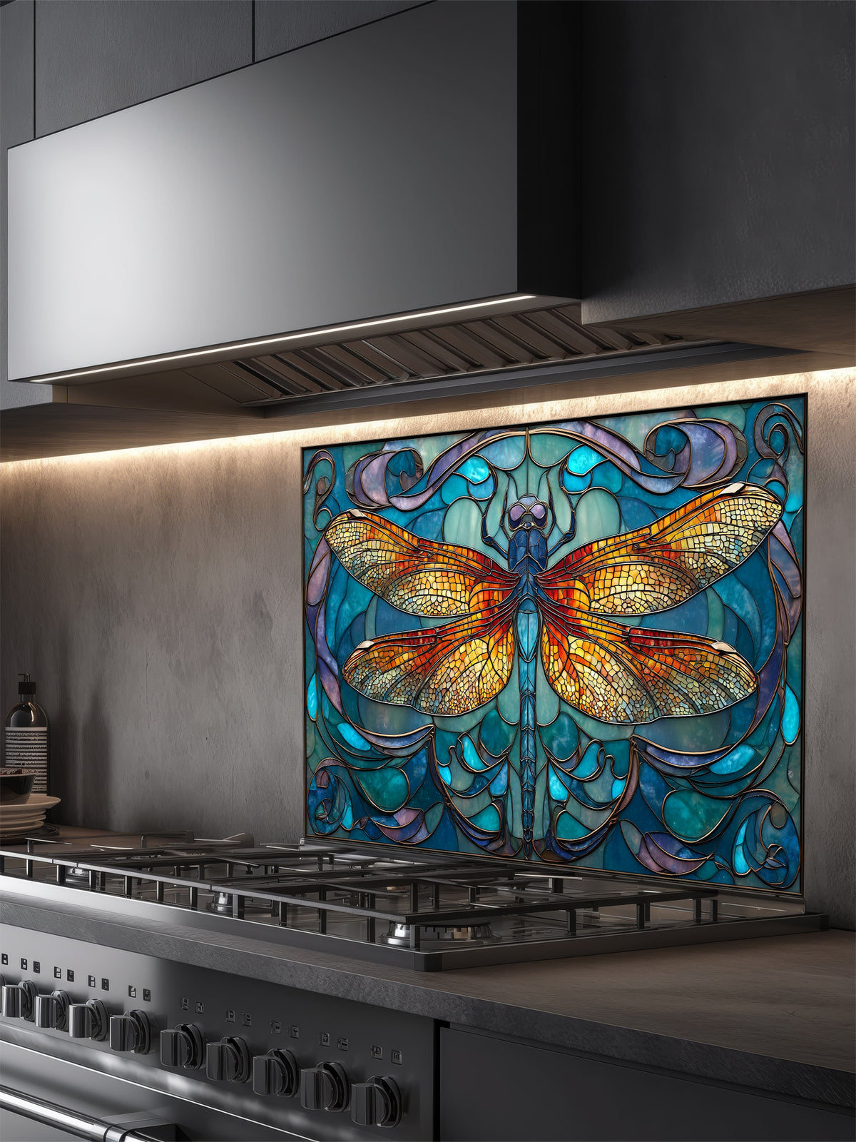 Tempered glass kitchen backsplash featuring a highly realistic 3D illusion of Art Nouveau stained glass showing a magnificent, symmetrical dragonfly with vibrant amber and gold wings set against a swirling teal, blue, and purple patterned background, installed behind a modern black stove.
