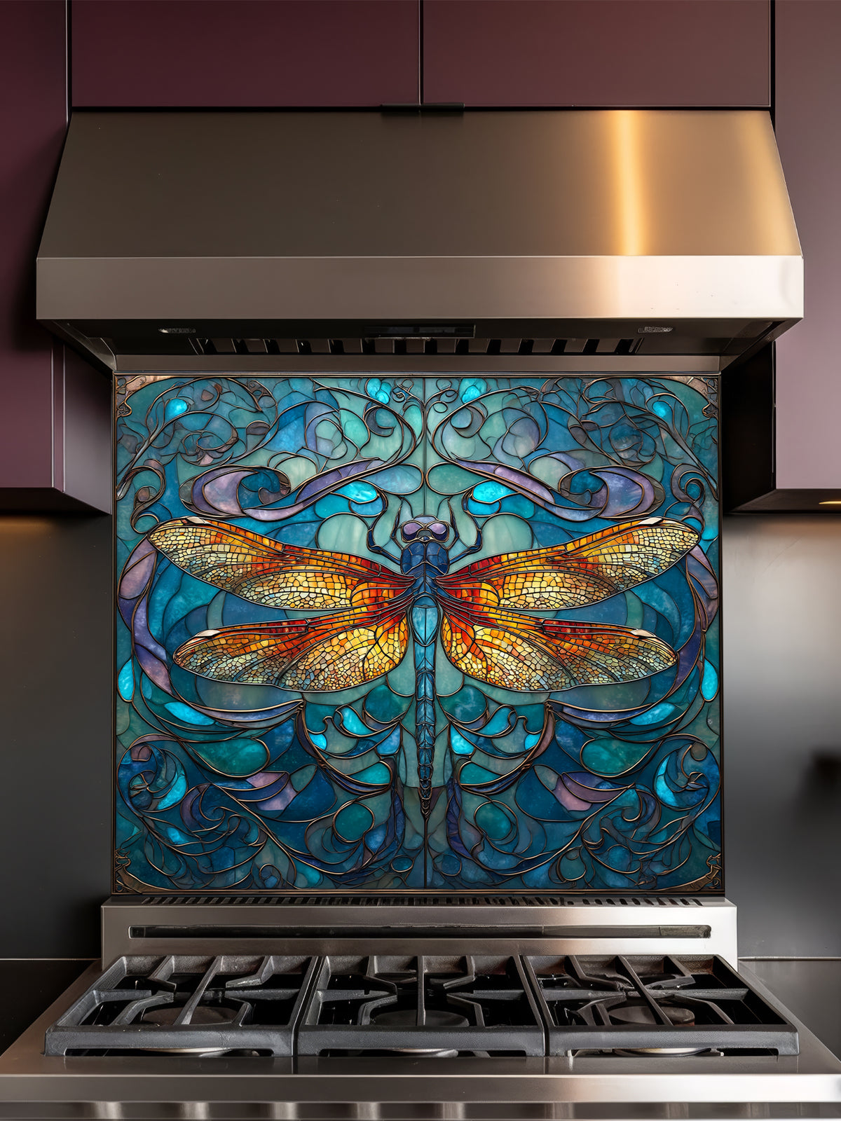Tempered glass kitchen backsplash featuring a highly realistic 3D illusion of Art Nouveau stained glass showing a magnificent, symmetrical dragonfly with vibrant amber and gold wings set against a swirling teal, blue, and purple patterned background, installed behind a modern black stove.