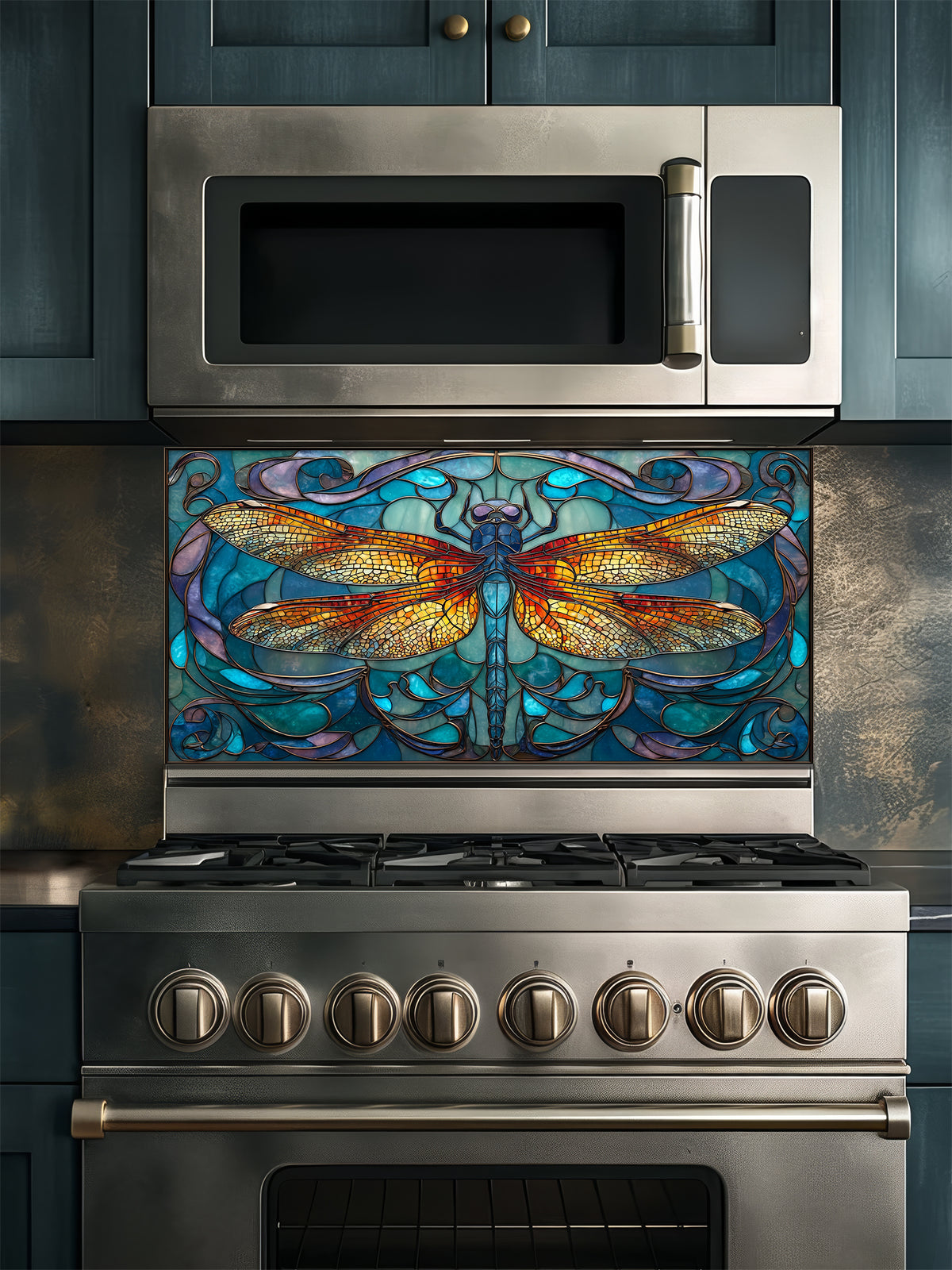 Tempered glass kitchen backsplash featuring a highly realistic 3D illusion of Art Nouveau stained glass showing a magnificent, symmetrical dragonfly with vibrant amber and gold wings set against a swirling teal, blue, and purple patterned background, installed behind a modern black stove.